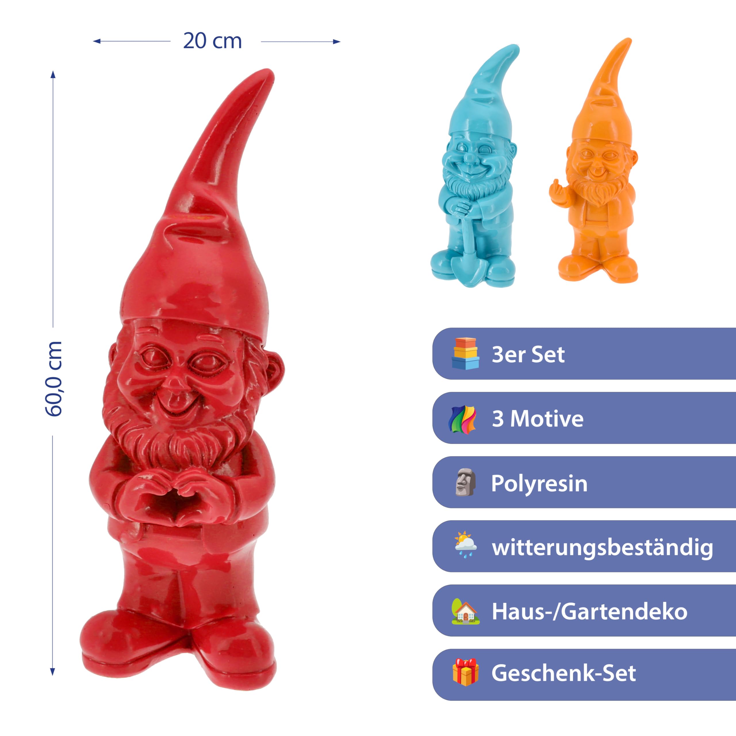 Cepewa XXL Gartenzwerg 3er Set | Polyresin rot türkis orange 20x60x16cm | Dekofigur zum Aufstellen in Haus und Garten | Gartenfigur Zwerg Beetwächter (1 x 3er Set XXL Gartenzwerge rot türkis orange)