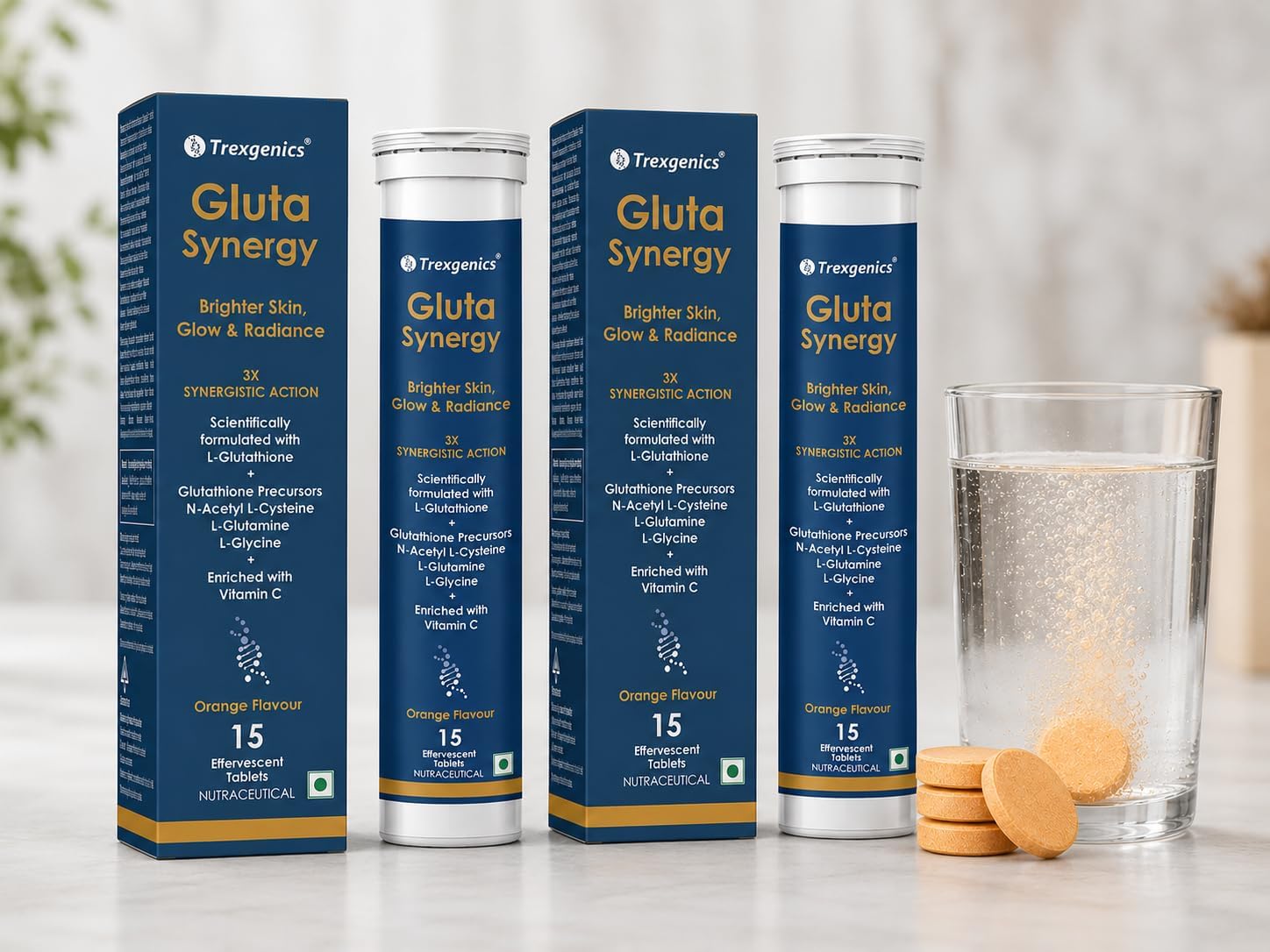 - GLUTA SYNERGY L-Glutathione 500 mg + Glutathione Precursors 750 mg as N-Acetyl Cysteine, Glycine & Glutamine + Vitamin C Skin Glow, Radiance (2 Pack x 15 =30 Effervescent Tablets , Orange flavour