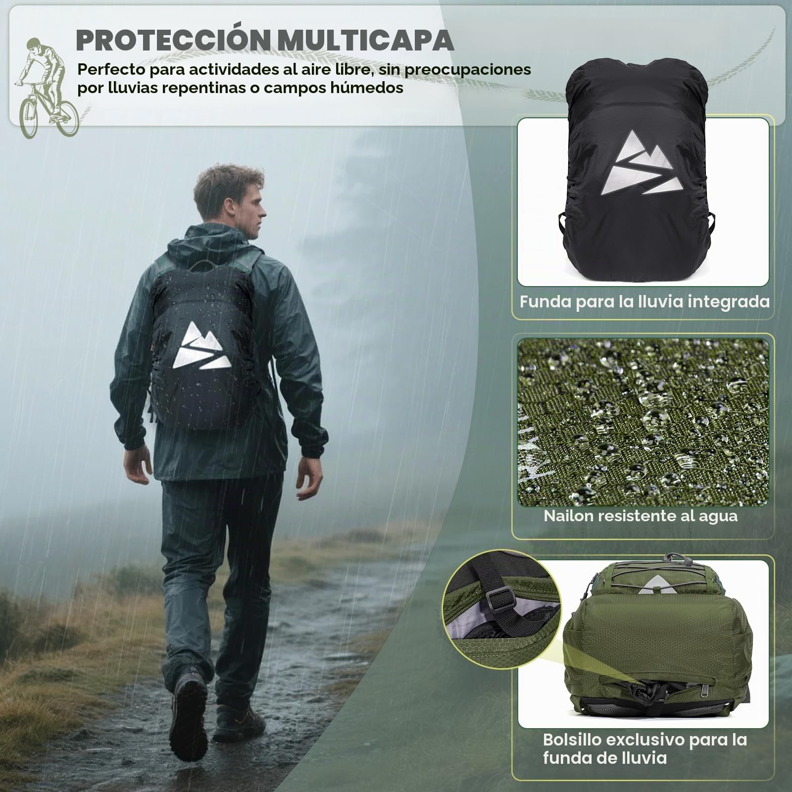 RAINSMORE Mochila de Hidratación con Bolsa de Agua 2L Mochila Bicicleta Montaña Mujer Hombre con Funda Impermeable para Senderismo Correr Ciclismo Trail Running Escalada Deportes al Aire Libre