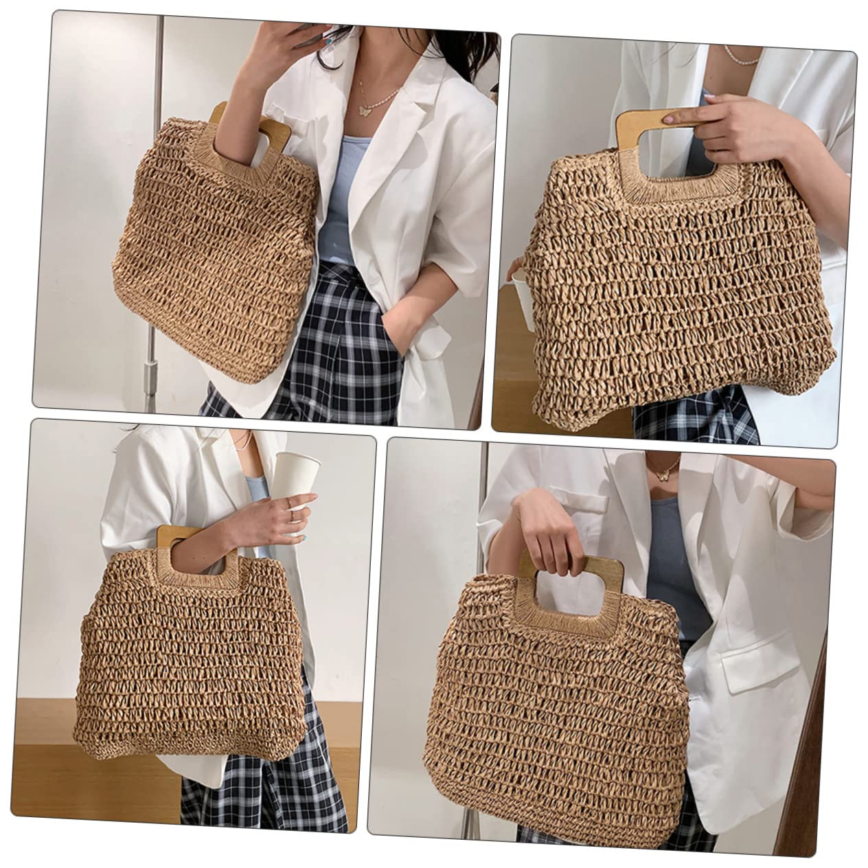 GALPADA Bolso Playero Grande de Paja Khaki Tejido a Mano para Mujer