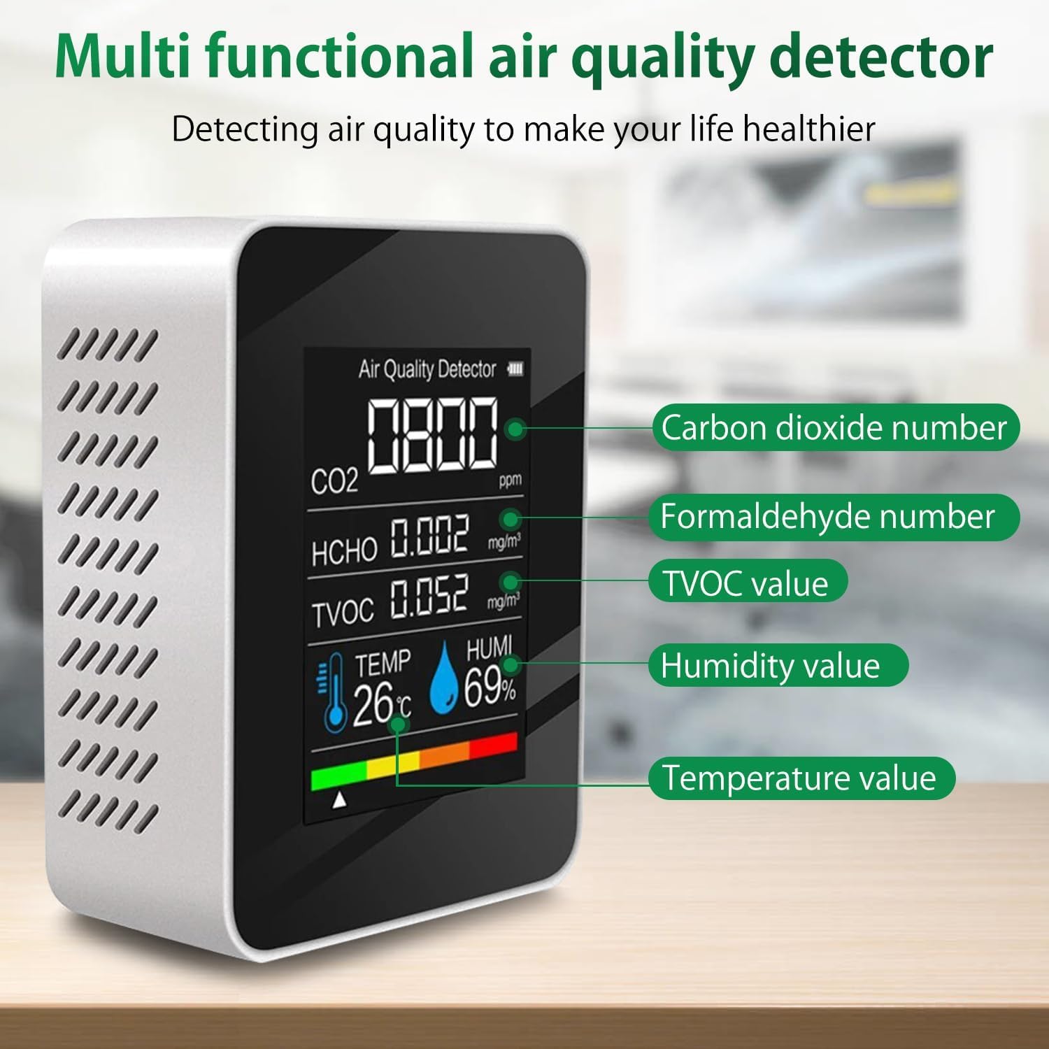 Medidor De CO2, 5 En 1 Detector Calidad Aire para CO2 HCHO TVOC Temp Humi, Detector De CO2 Portátil Medidor Calidad Aire Medidor De Temperatura Y Humedad para Casa Oficina Coche