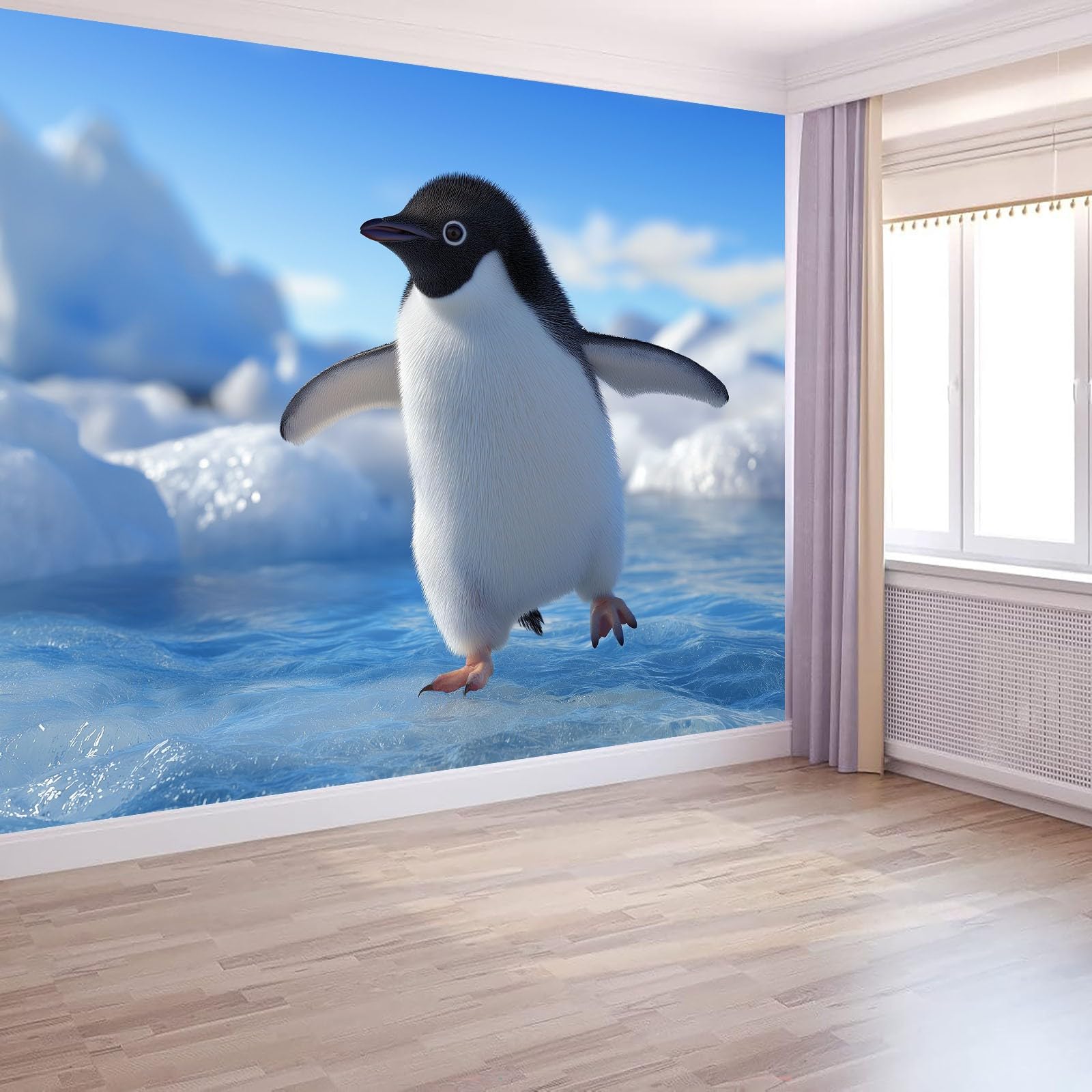 Panoramiczna tapeta 3D natura lodowiec ocean zwierzęta pingwiny jasnoniebieski 250 x 175 cm, tapeta z włókniny - fresk ścienny do salonu, sypialni i biura, dekoracja ścienna druk HD