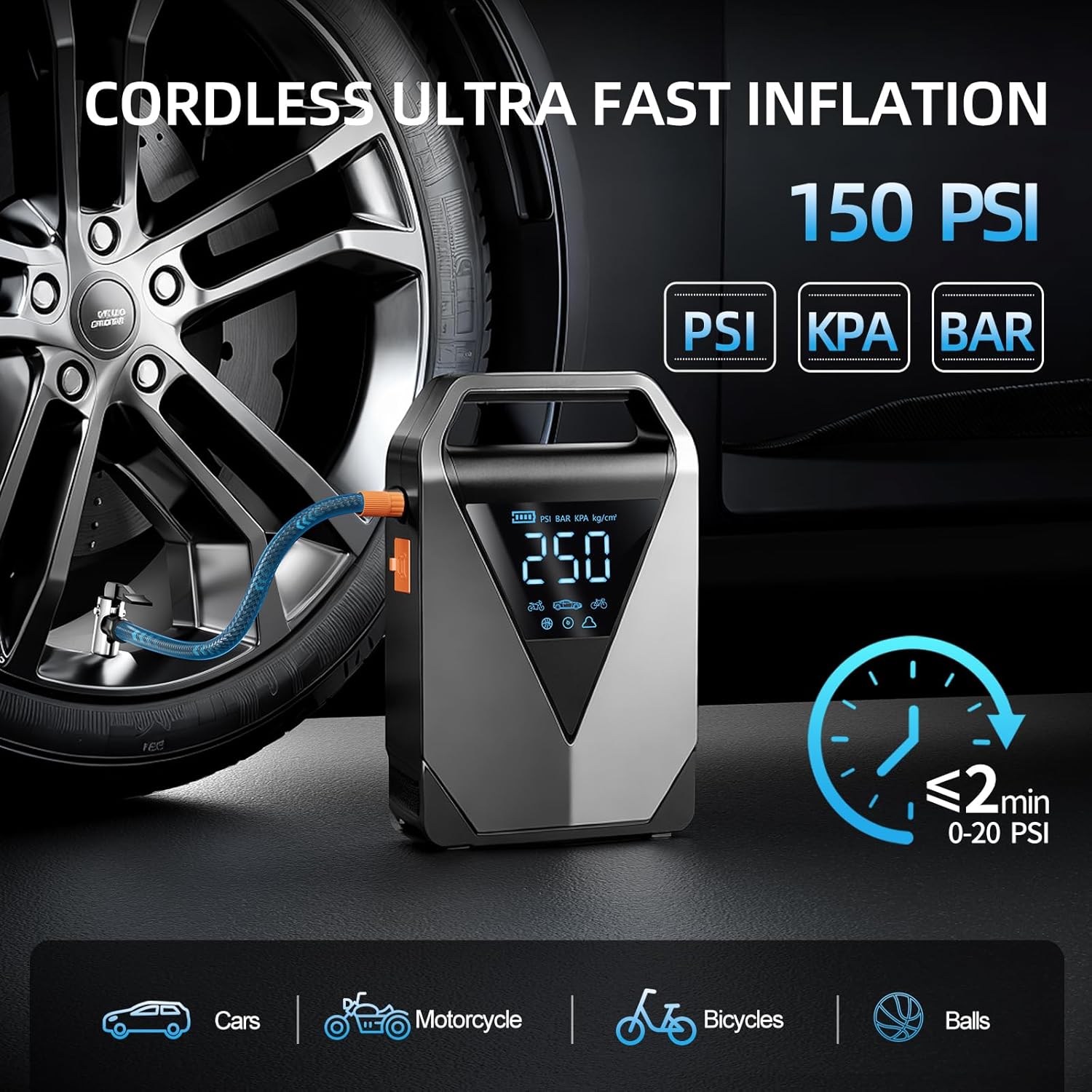 BUVAYE LD12 air compressor inflating a tire