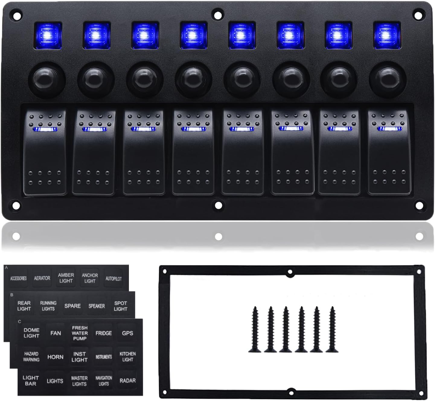 8 Gang Marine Switch Panel, Boat Rocker Switch Panel Waterproof, 12V Aluminum Switch Panel, Marine Toggle Switches ON/Off with Circuit Breaker 5A 10A 15A for Car RV Truck (Blue)