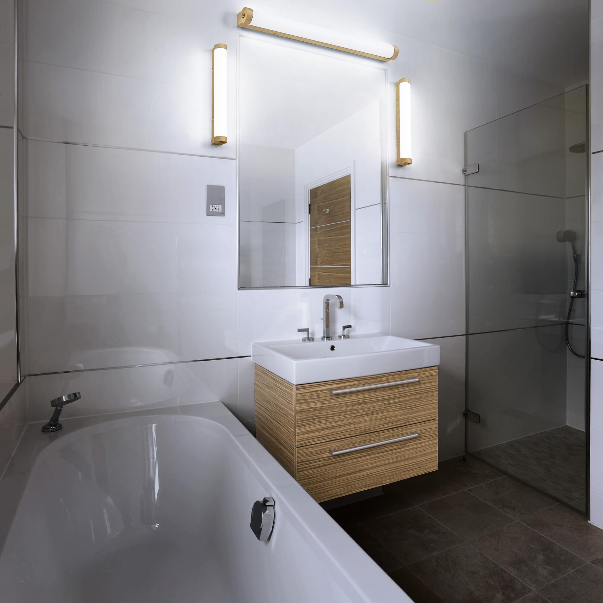 LEDVANCE da parete/specchio LED ORBIS Tube, vetro satinato/decoro legno, 12W, 1200lm, dimmerabile, 3000/4000K, diametro 60cm, protezione IP44 contro corpi estranei/spruzzi d'acqua