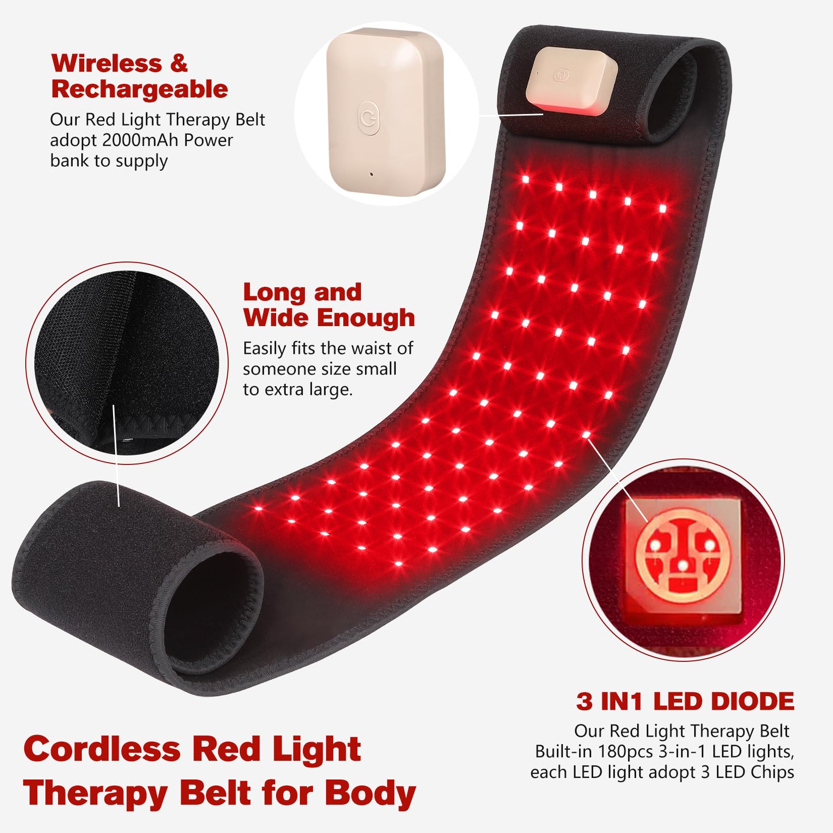 Cinturón de terapia de luz roja inalámbrico para dispositivo infrarrojo corporal inalámbrico recargable con banco de energía de 2000 mAh