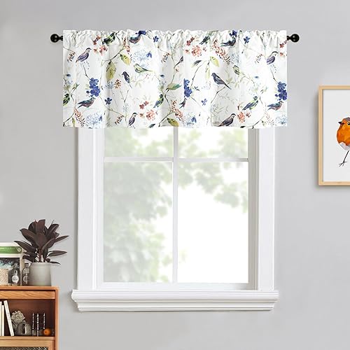 Miniatura 102 de VOGOL Cenefas con patrón de pájaros para ventanas de cocina, cenefa texturizada de lino con estampado floral y pájaros para ventanas pequeñas