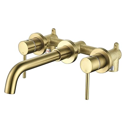 BESTILL Brass Double Handle Wall Mount Bathroom Sink Faucet with Rough-in Valve, Champagne Bronze