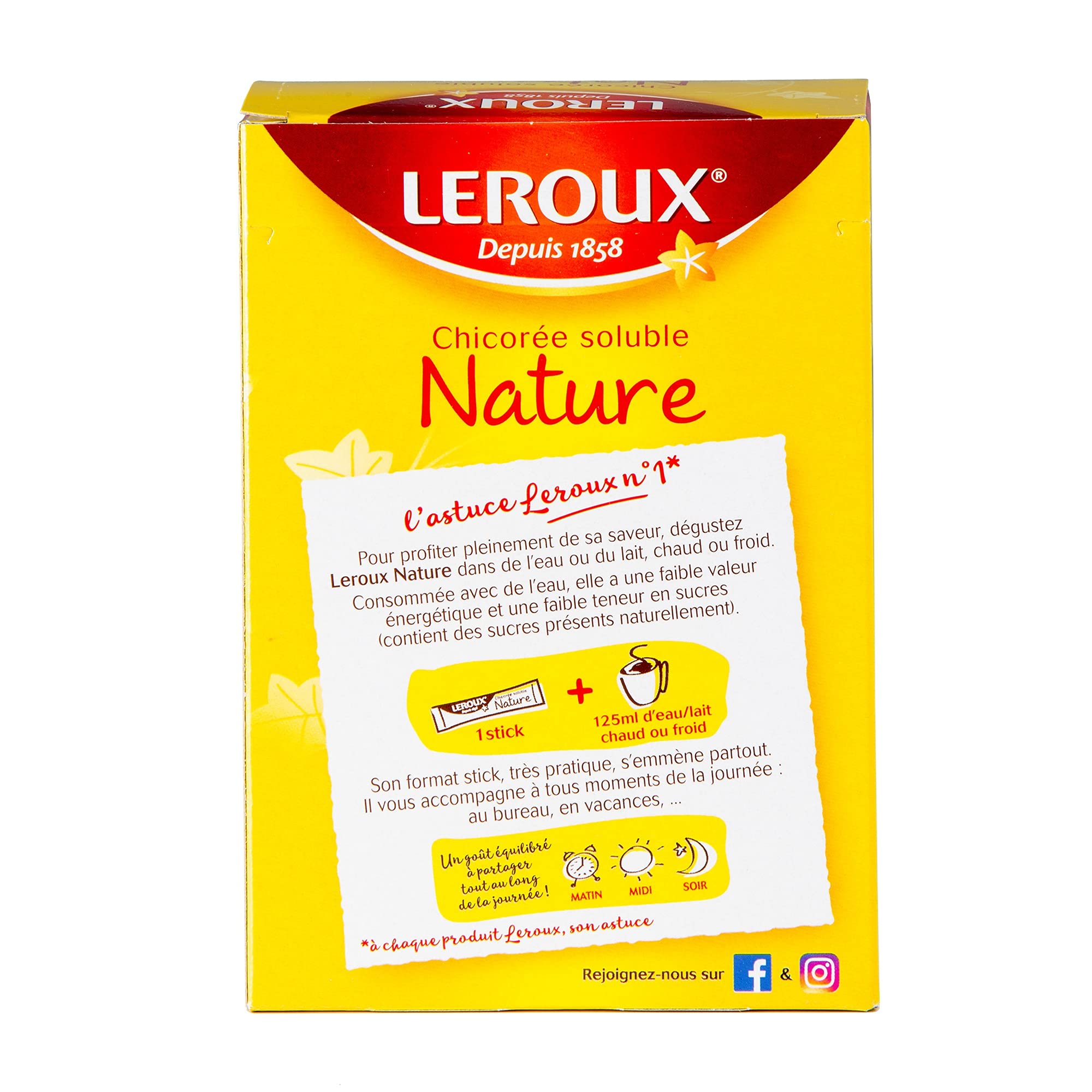 Leroux - Chicorée Soluble Nature en Sticks - 100% d'Origine Végétale - Chicorée Torréfiée, Goût Légèrement Caramélisé - Riche en Fibres, Sans Sucres Ajoutés - Lot de 6 Boites de 20 Sticks