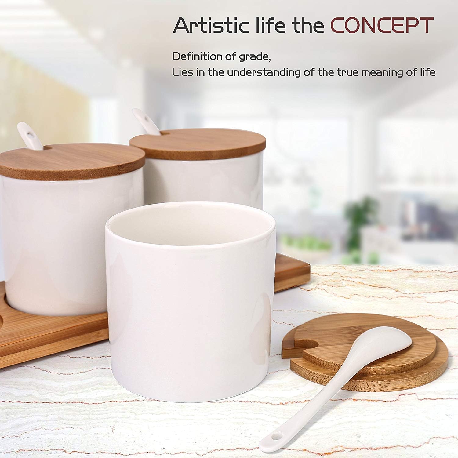 Exclusive Discount 50% Price June Sky Ceramic Food Storage Containers with Bamboo Lid- Modern Design Porcelain Jar- Perfect Canister for Sugar Bowl Serving Tea, Coffee, Spice- Condiment Pot 8 oz, white