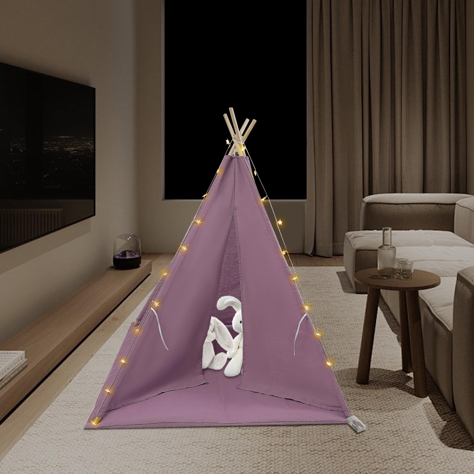Tenda per Bambini 120x120x140cm con Luce, Tipi per Ragazza 1,6m in Cotone Lino per Camera, Giardino, Spiaggia, Casetta da Gioco per Interno ed Esterno con Tappeto, Ghirlanda 3m
