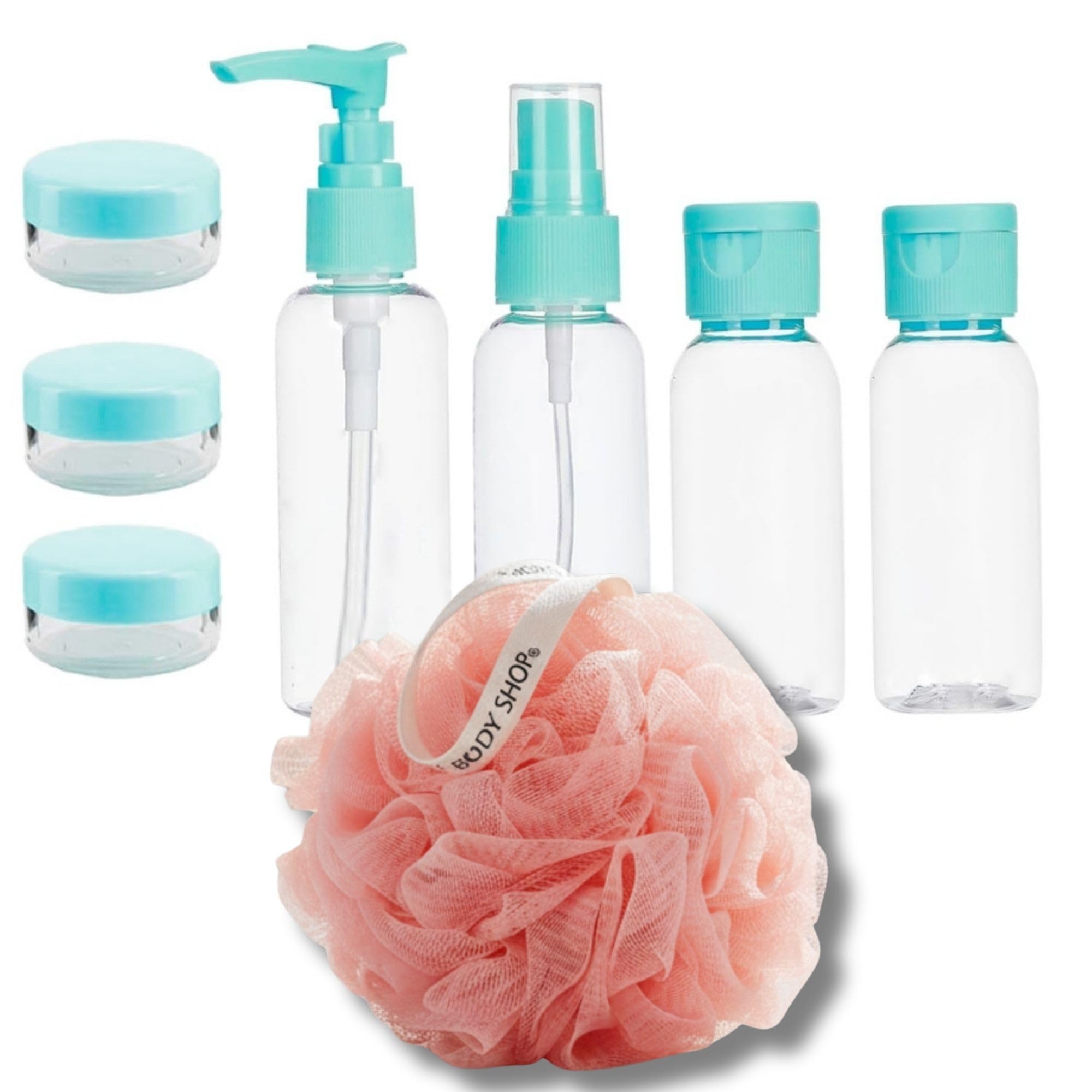 Travel Bottles Kit for Toiletries (7 Pcs) with Bath Loofah Sponge | Refillable Travel Containers for Shampoo Lotion Cream | Leakproof Travel Size Bottle Set (Travel Kit with Loofah Sponge)-image-39