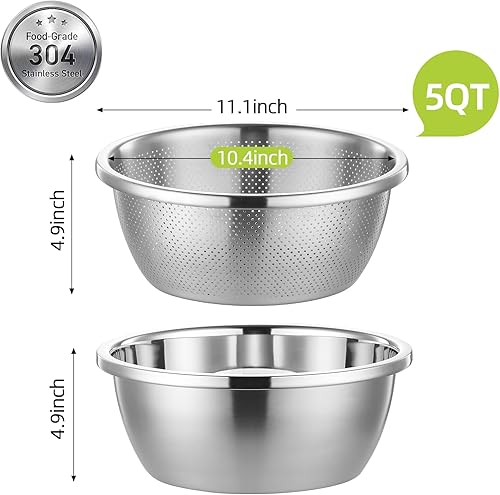Miniatura 4 de Colador de acero inoxidable 304 con cuencos para mezclar, coladores y coladores de gran capacidad de 5 cuartos de galón para cocina, colador de