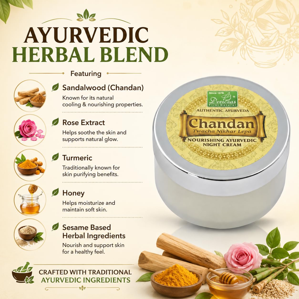 DEVICAAS Chandan Twacha Nikhar Lepa Nourishing Ayurvedic Night Cream for Daily Skin Care | Sandalwood Herbal Formula | Moisturizing Overnight Cream for Soft Smooth Skin | Suitable for Men & Women | 50g 4
