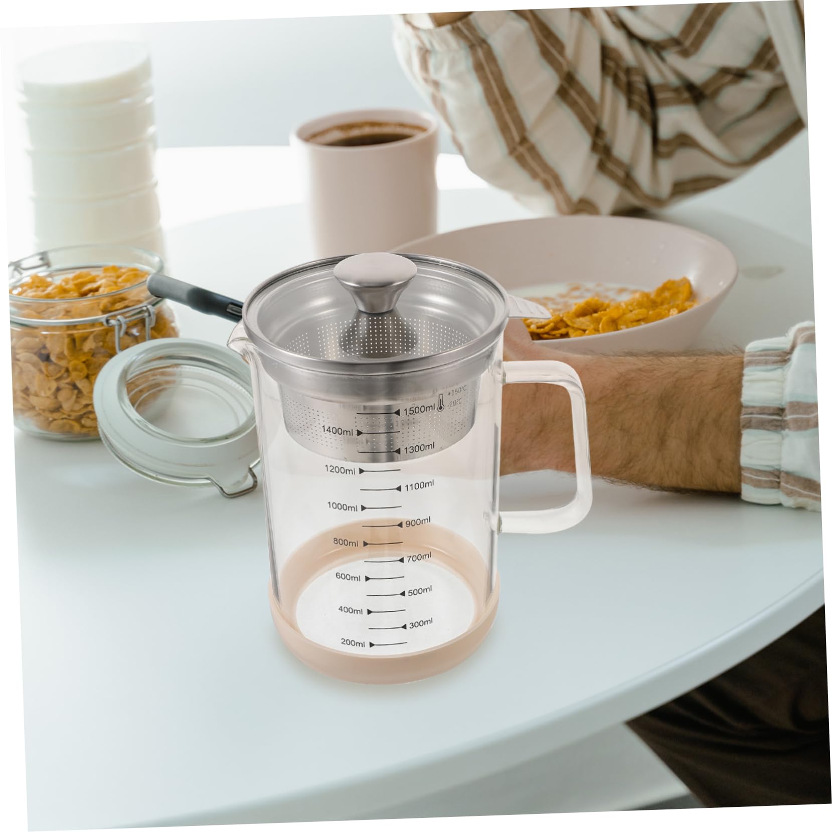 SOLUSTRE Caraffa in Vetro 1500ml Filtro a Maglia Fine in Acciaio Inox e Silicone, Utile Strumento da Cucina per Filtrare Latte di Soia e Succhi