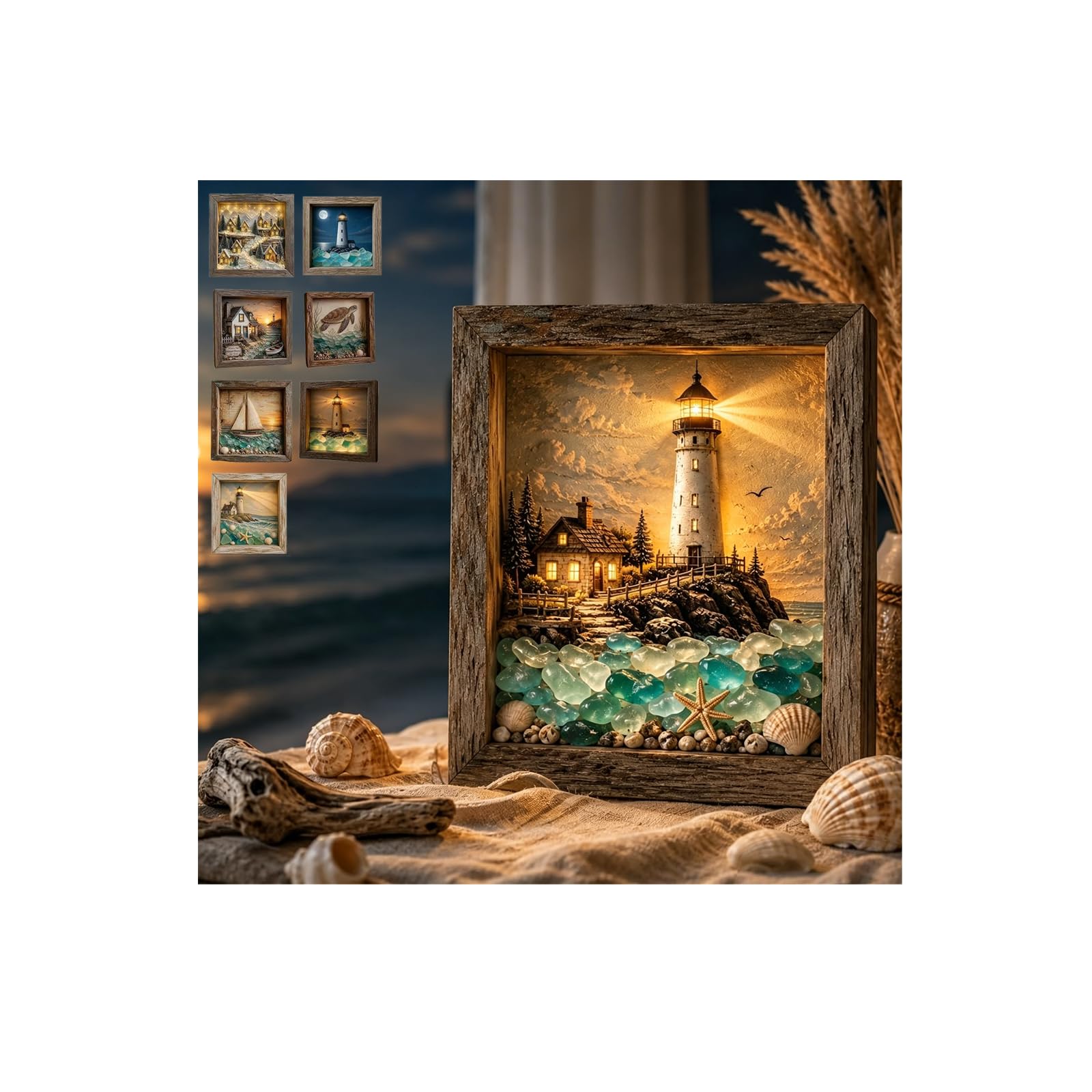 Coastal Lighthouse Sea Glass Shadow Box Night Light,Handmade Sea Glass ShadowBox w/LED Warm Glow,Beach ShadowSea GlassFrame Box Wall Decor,Coastal Lighthous Lamp Decor for Bedroom,Living Rooms
