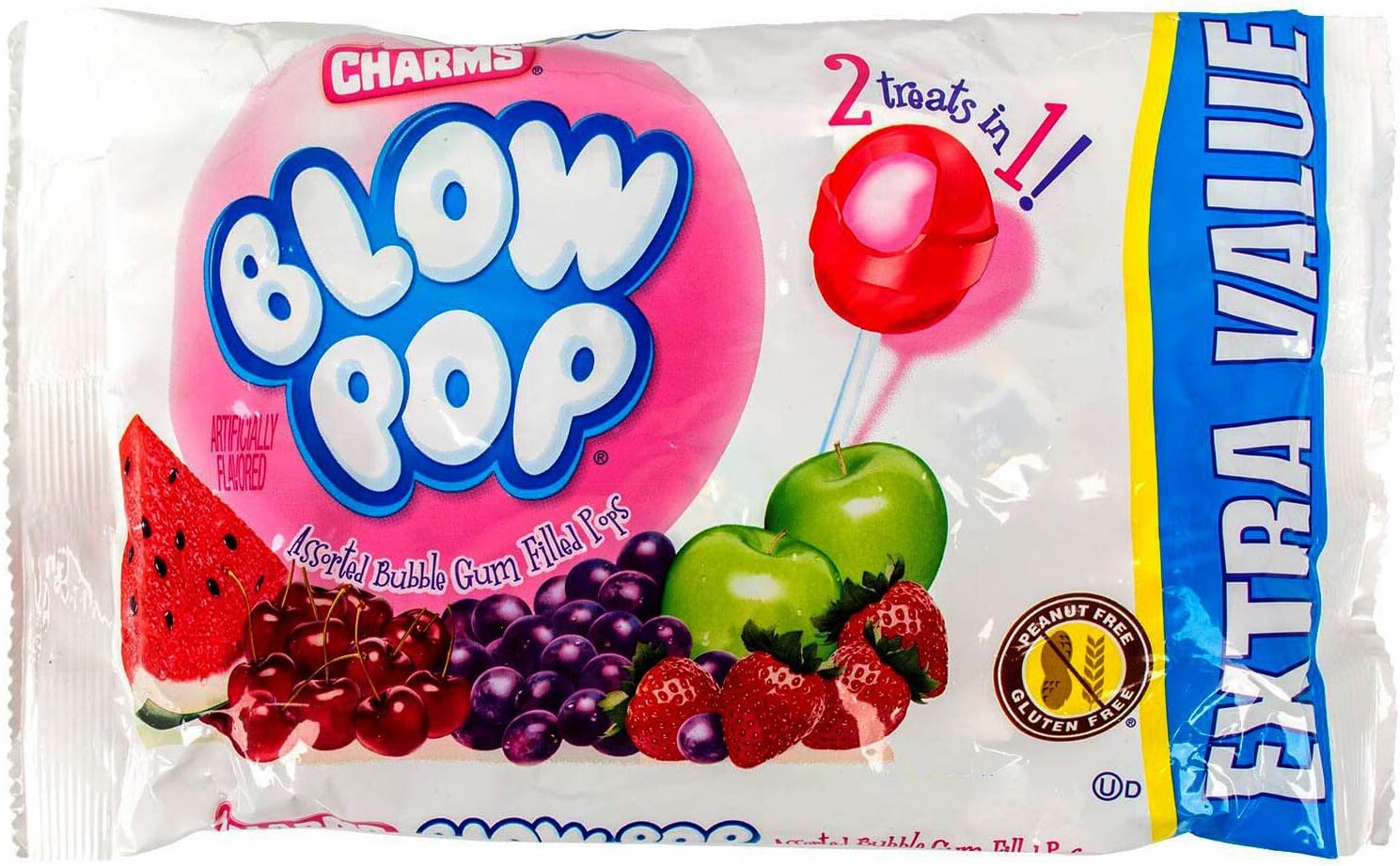 Charms (1) Bag Blow Pop Bubble Gum Filled Pops - 2 Treats in 1! Assorted Flavors Lollipop Halloween Candy - Peanut & Gluten Free - Net Wt. 4.55 oz