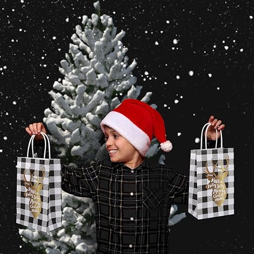 Miniatura 5 de ECOHOLA Bolsas de regalo de Navidad de búfalo blanco y negro, 12 piezas de bolsas de Navidad a cuadros con asas, bolsas de regalos para celebración