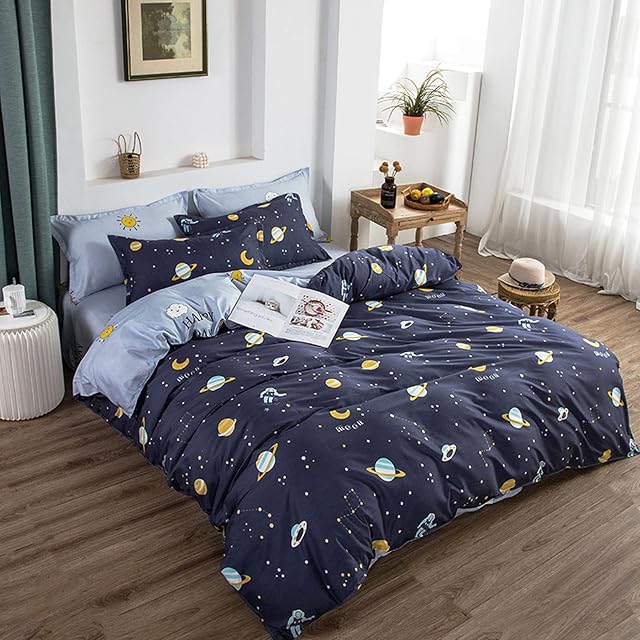 Kids Bedding Toddler Duvet Cover Set Galaxy Duvet Cover Starry Sky Bedding Set Cot Bedding Soft Microfiber Quilt Cover For Boys Girls (Blue,120x150cm)