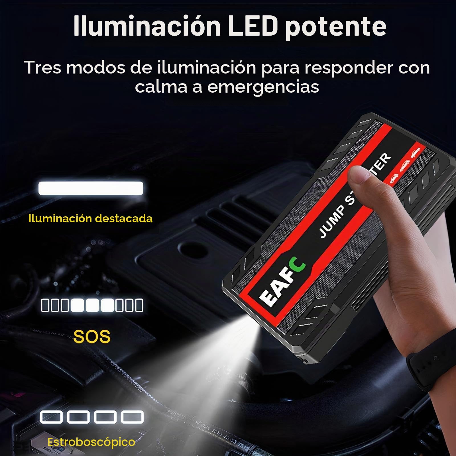 Arrancador de batería portátil EAFC de 12 V para Coche, 1500 A, para baterías de hasta 6 L de Gasolina, con luz LED, Puertos USB y Pinzas para Coches, Furgonetas y Camiones (Negro)
