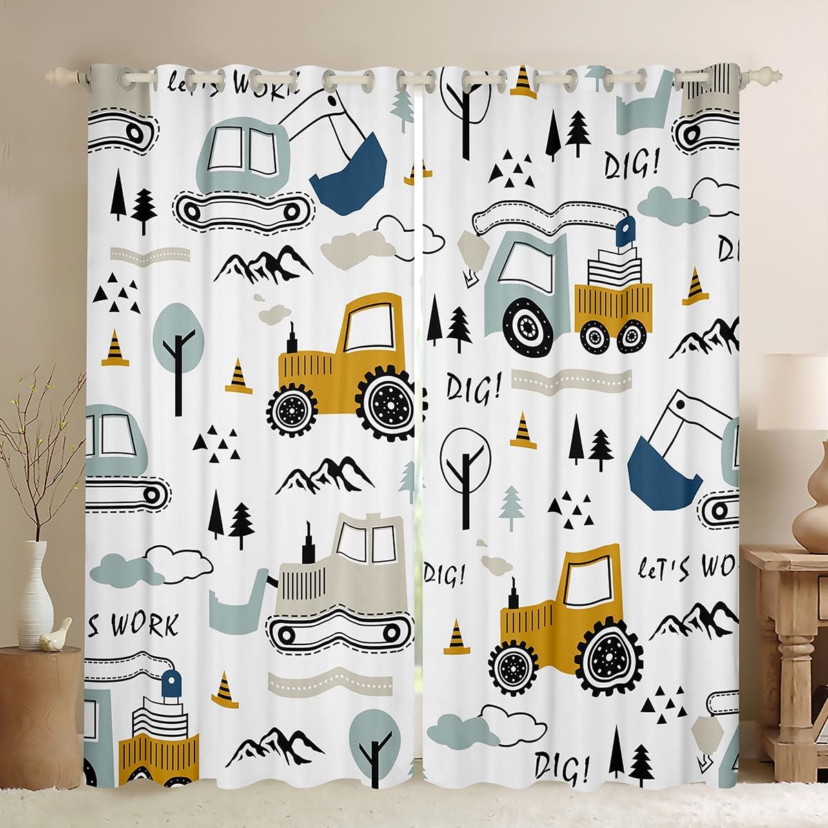 Feelyou Cartoon Car Kids Curtains for Bedroom Living Room Construction Darkening Dreapes Equipment Trucks Comter Cartoon Car Excavator Tractor White Yellow Window Treatments (2 Panels, 42 x 63 Inch)