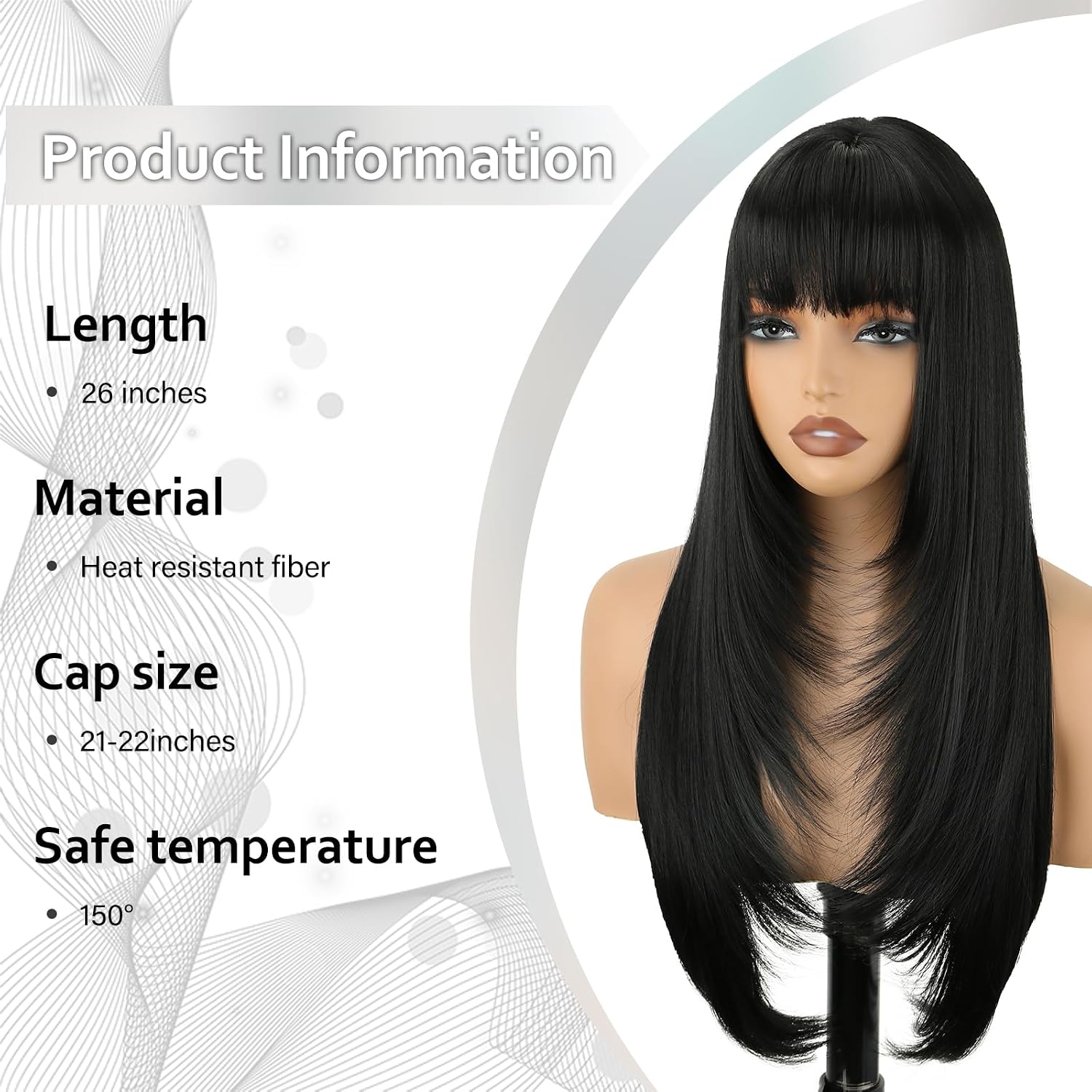 Black Long Straight Layered Wig with Bangs for Women 26 inch Put on Go Realistic Synthetic Heat Resistant Natural Wig for Girls Party Cosplay and Daily Use
