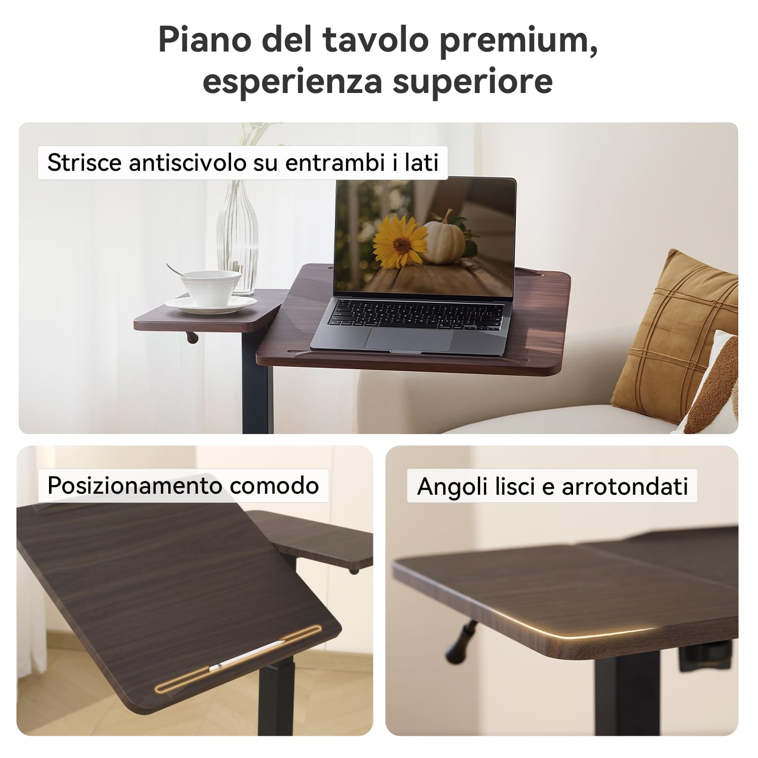 SIHOO D01 tavolino da letto-Scrivania Regolabile Altezza con Ruote,Comodini camera,Sistema Pneumatico, Montaggio Rapido e Qualità Eccellente per Casa/Ospedale (Legno di noce scuro)