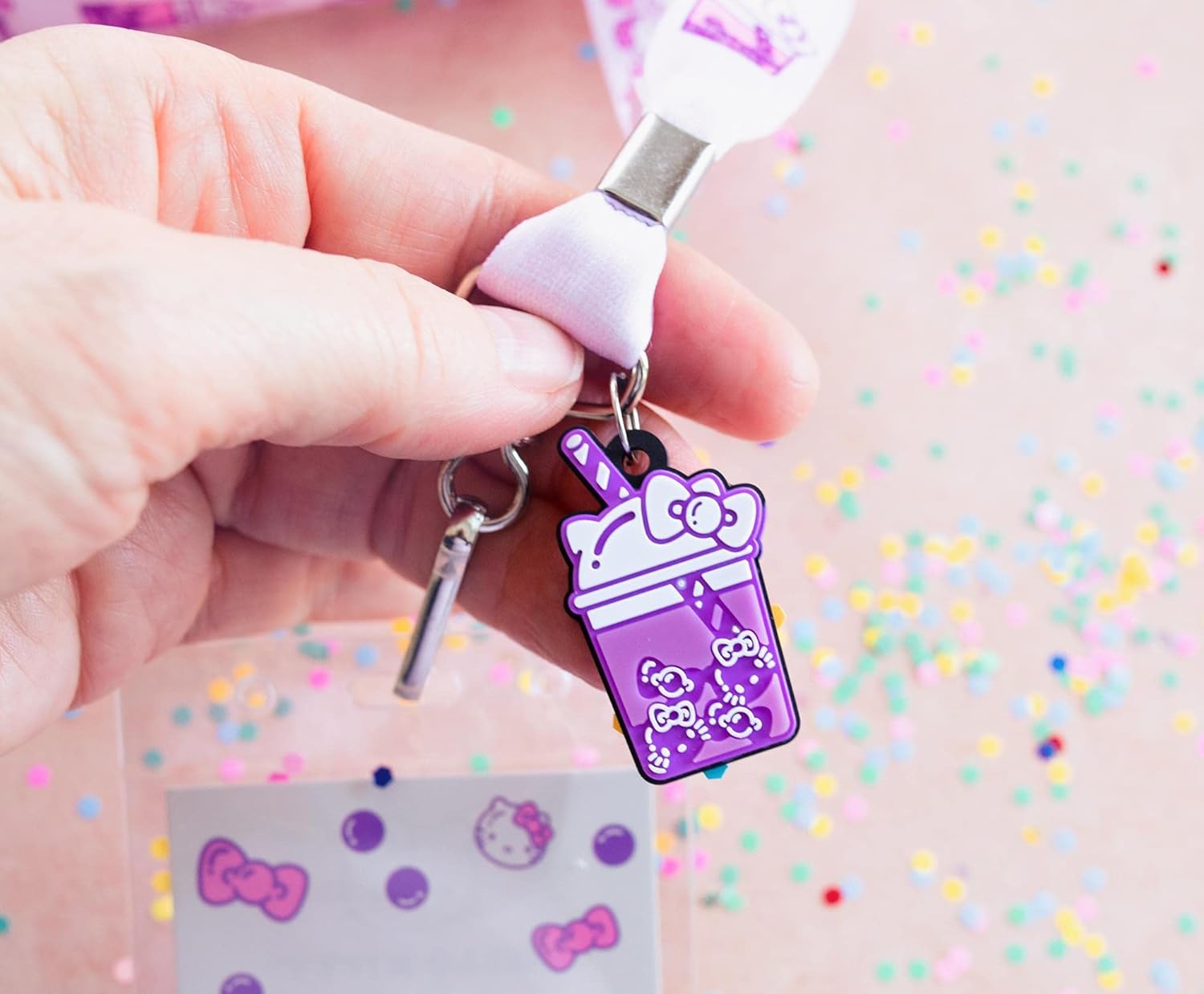 Sanrio Hello Kitty and Keroppi Boba Tea Lanyard Set with ID Badge Holders and Removable Charms | Keychain for Office, Staff, Students