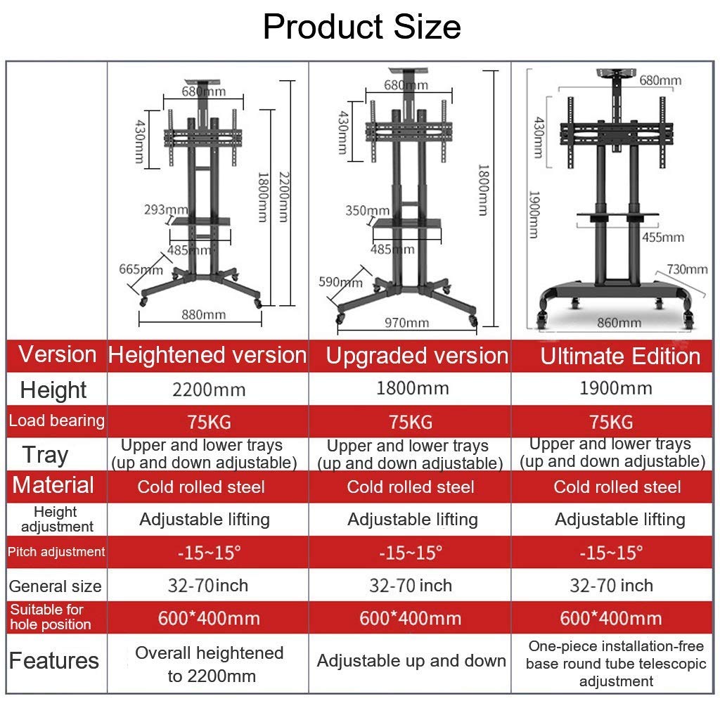 Supporto universale per TV a schermo piatto da 32 a 70 pollici, carrello per TV a schermo piatto regolabile in altezza con vassoio, robusto supporto universale per TV per casa e ufficio