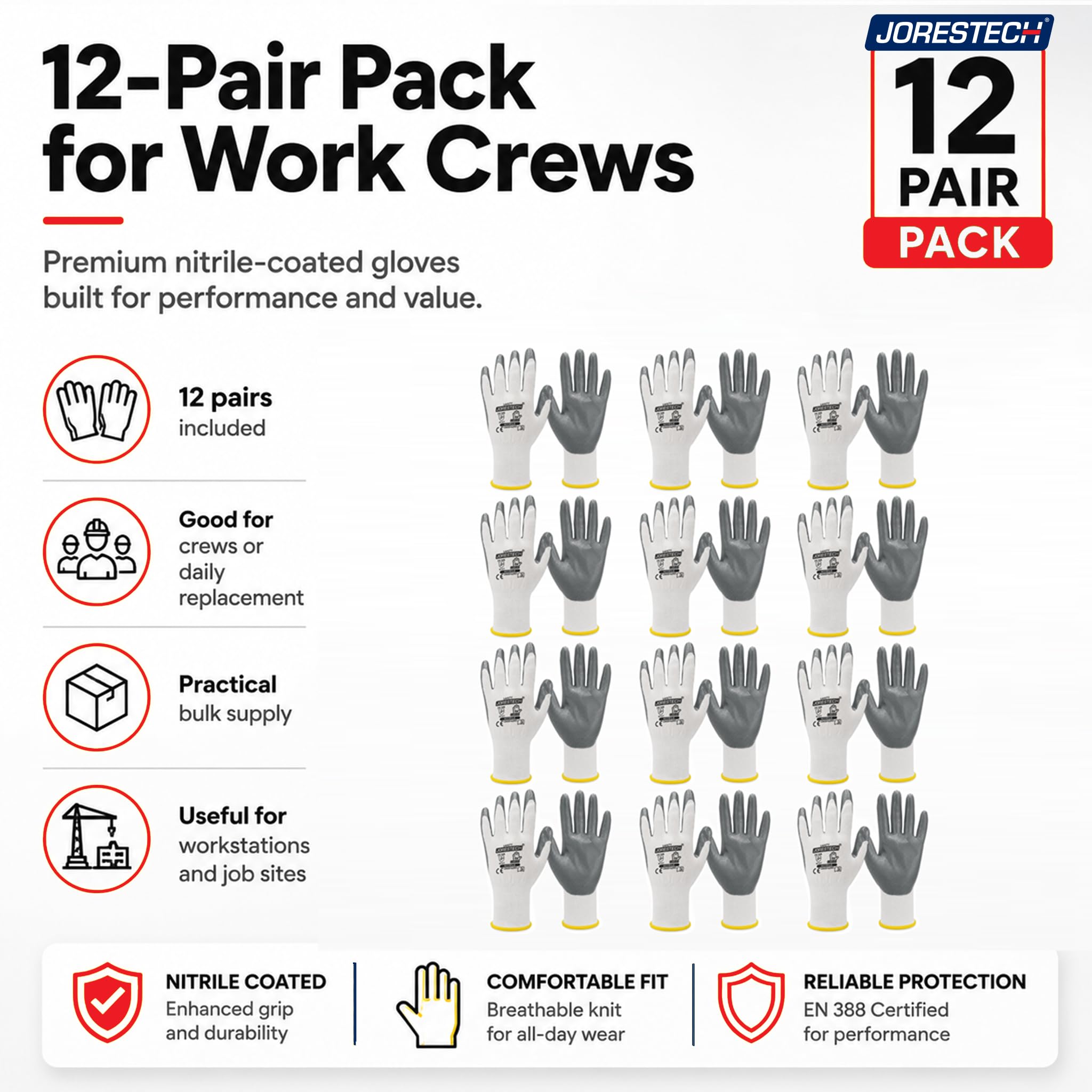 JORESTECH Safety Work Gloves White Polyester Knitted Fiber with Grey nitrile Coating Pack of 12 GD-01 (rozmiar 9-L)