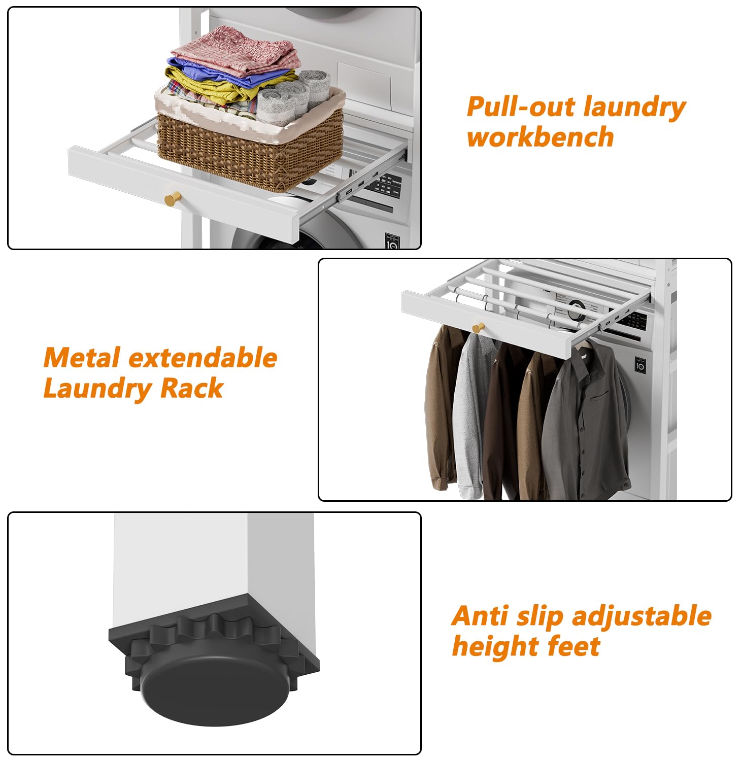 MSFE Estantería Lavadora con Tablero de Estante, Soporte de Altura Ajustable para Secadora,Universal Kit de Soporte Secadora sobre Lavadora, Capacidad de Carga 350kg,73 * 64 * 115cm