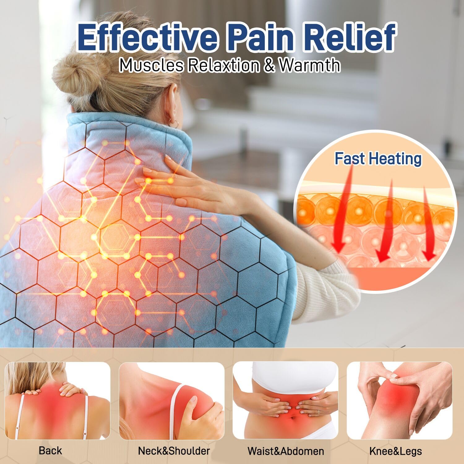 Ultralent Termoforo Elettrico per Schiena Collo e Spalle,60x108cm Termoforo Cervicale 6 Livelli di Calore, Spegnimento Automatico, Morbido Cotone Cristallino, Lavabile in Macchina-Blu Pavone