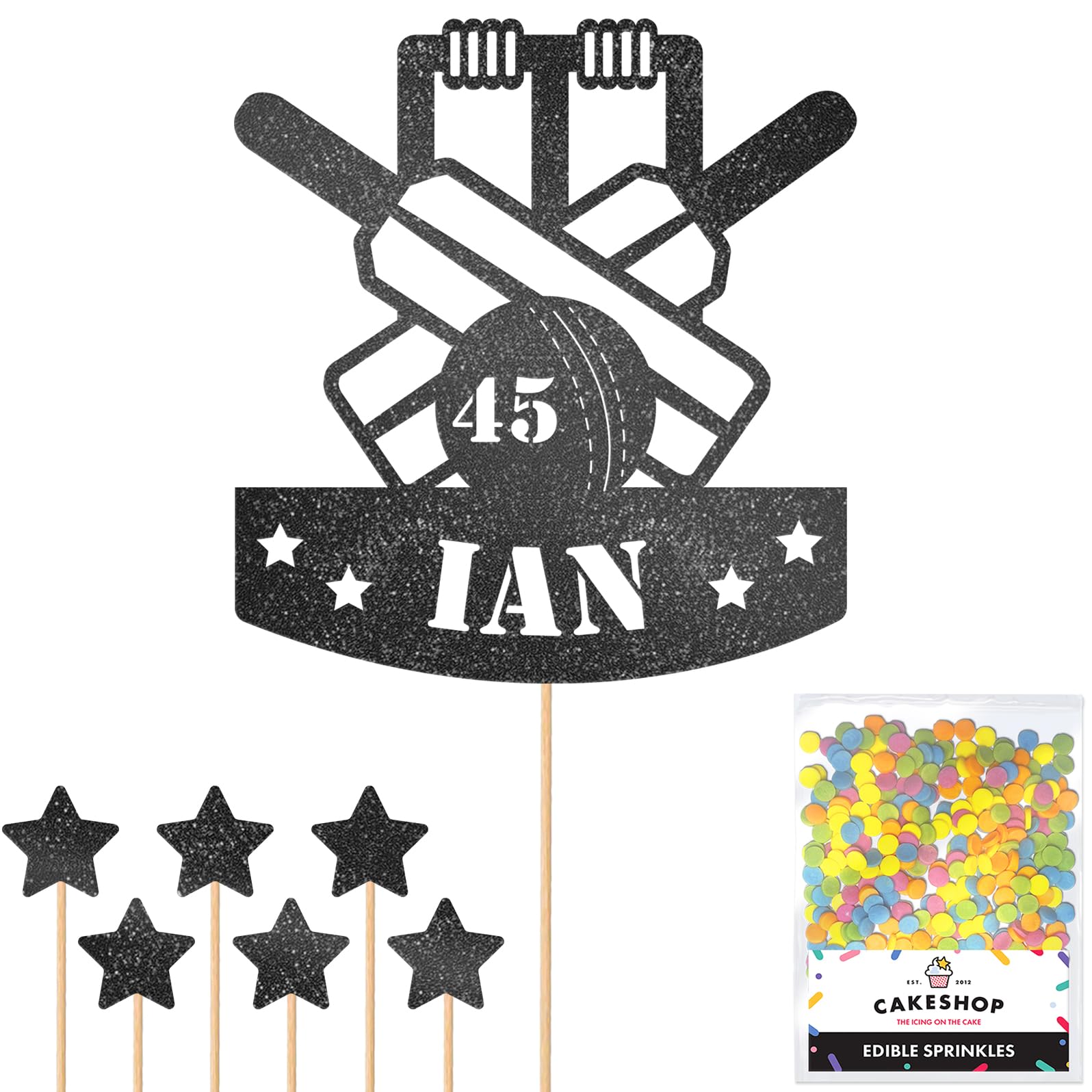 Personalised Cricket Wicket Bat and Ball Glitter Cake Topper - Black Custom Age & Name Glitter Cake Decoration and Sprinkles - Happy Birthday Decorations - Personalised Toppers for Cakes by Cakeshop
