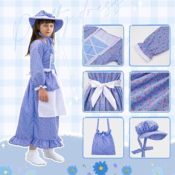 Meland Pioneer Dress for Girls - Colonial Floral Costume with Bonnet, Apron & Purse, Pionner Outfit for Girls 9-10 Years