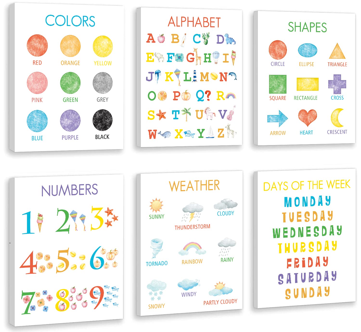 HLNIUC Colorful Kid Educational Wall Decor(12”x16”x6pcs,Framed) Numbers, Days Of The Week Alphabet, Weather, Shapes, ABC Posters, Toddlers Learning Wall Art, Number Chart for Playroom, Classroom