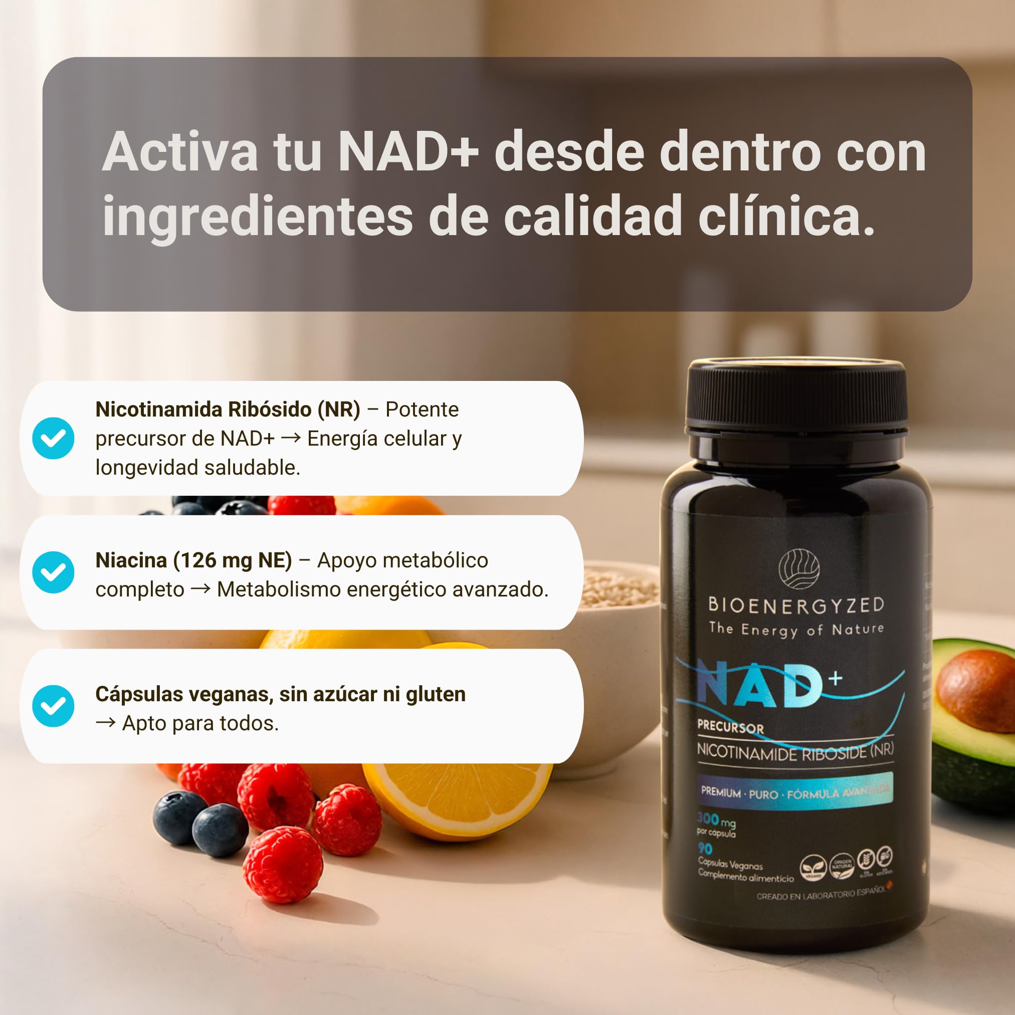 100% NAD PURO Alta Absorción, 300mg - Laboratorio Español - Salud celular, Antiedad y Energía - Pack Ahorro XL / 3 Meses - NAD+ Nicotinamide Riboside - Puro y Potente Sin Añadidos, Grado Farmacéutico