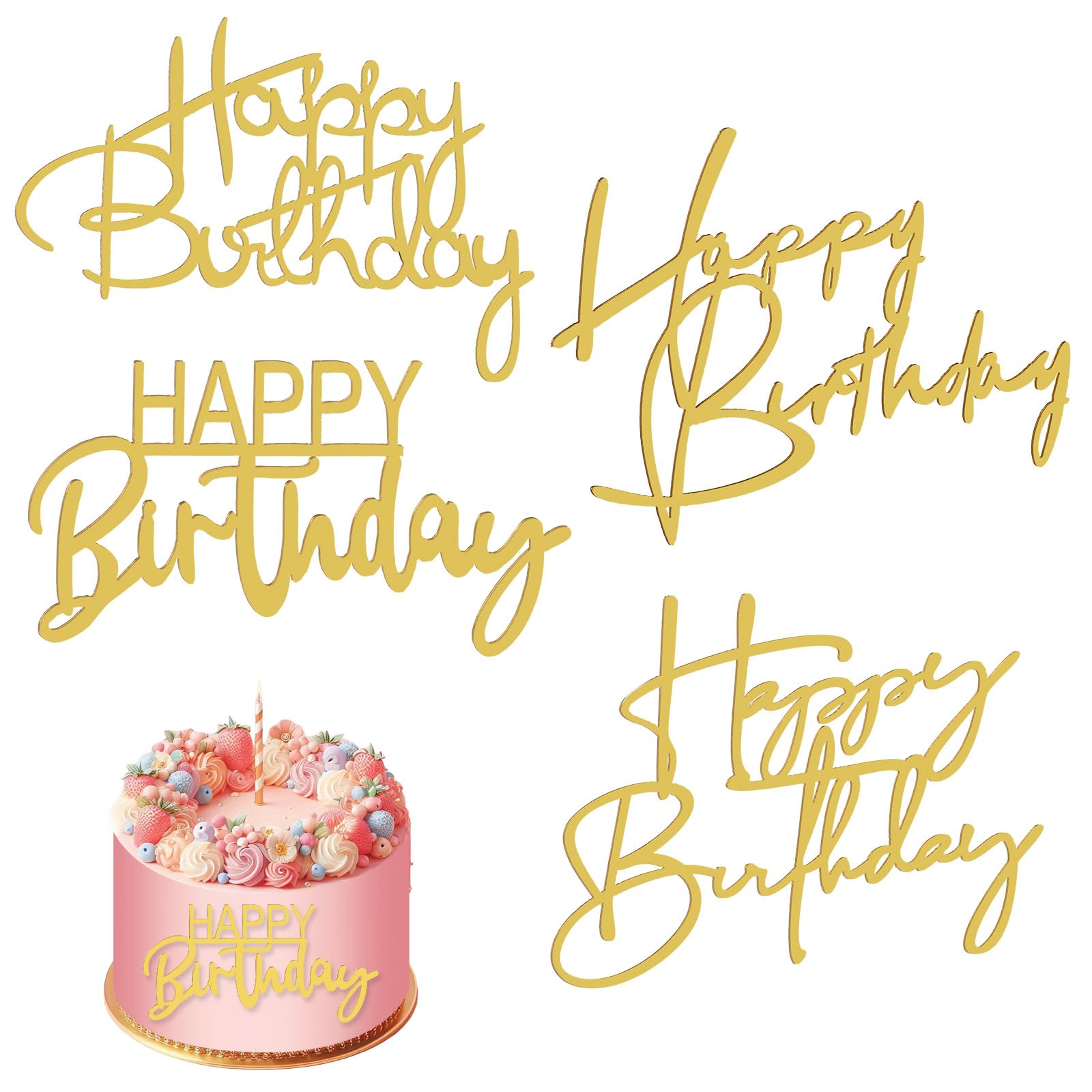 4 Pcs Happy Birthday Cake Toppers - 4 Styles Acrylic Gold Double-Sided Glitter Letters Cake Decorations for Photo Supply
