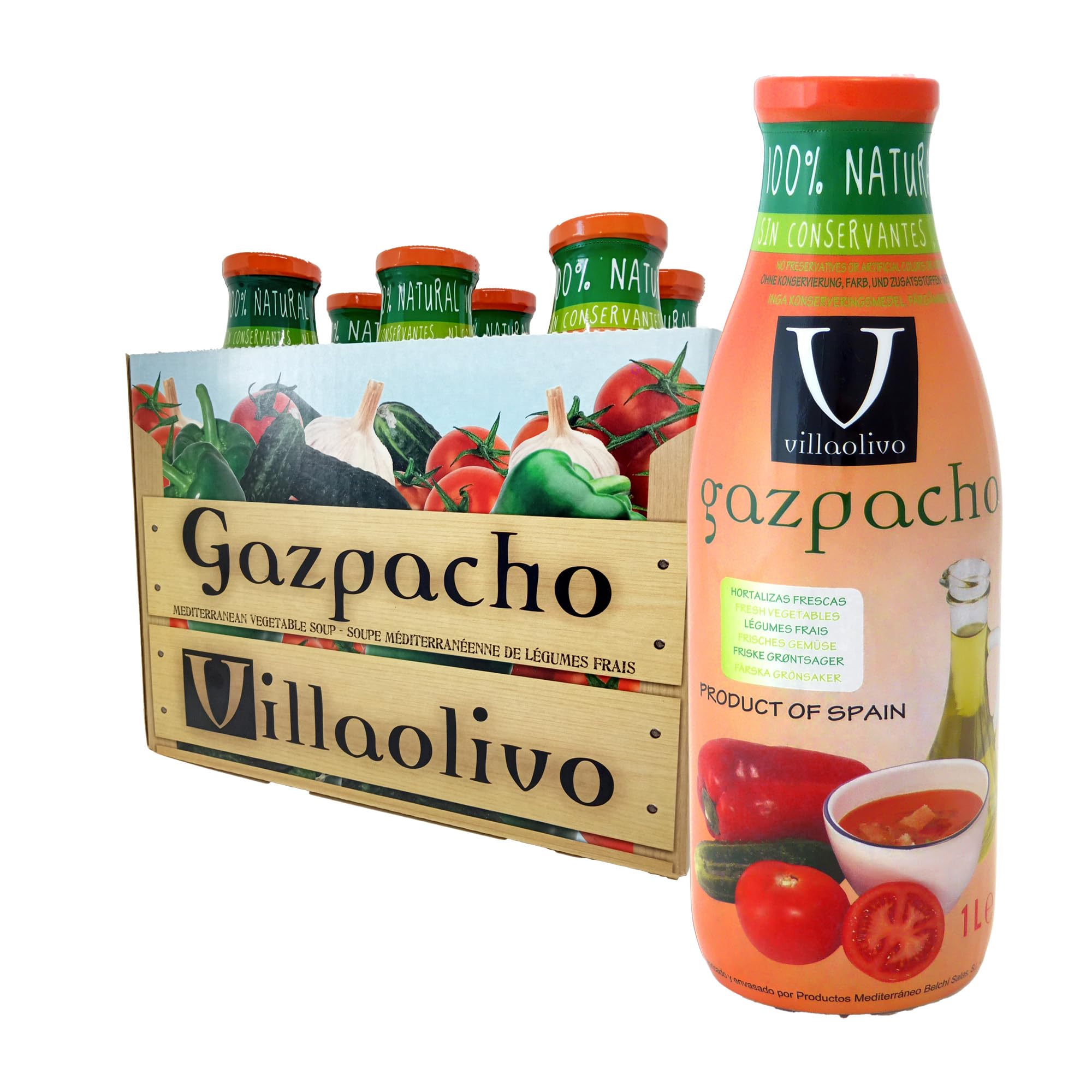 Villaolivo Gazpacho Tradicional 1L Pack 6 Sopa Fría Española 100% Natural Sin Conservantes