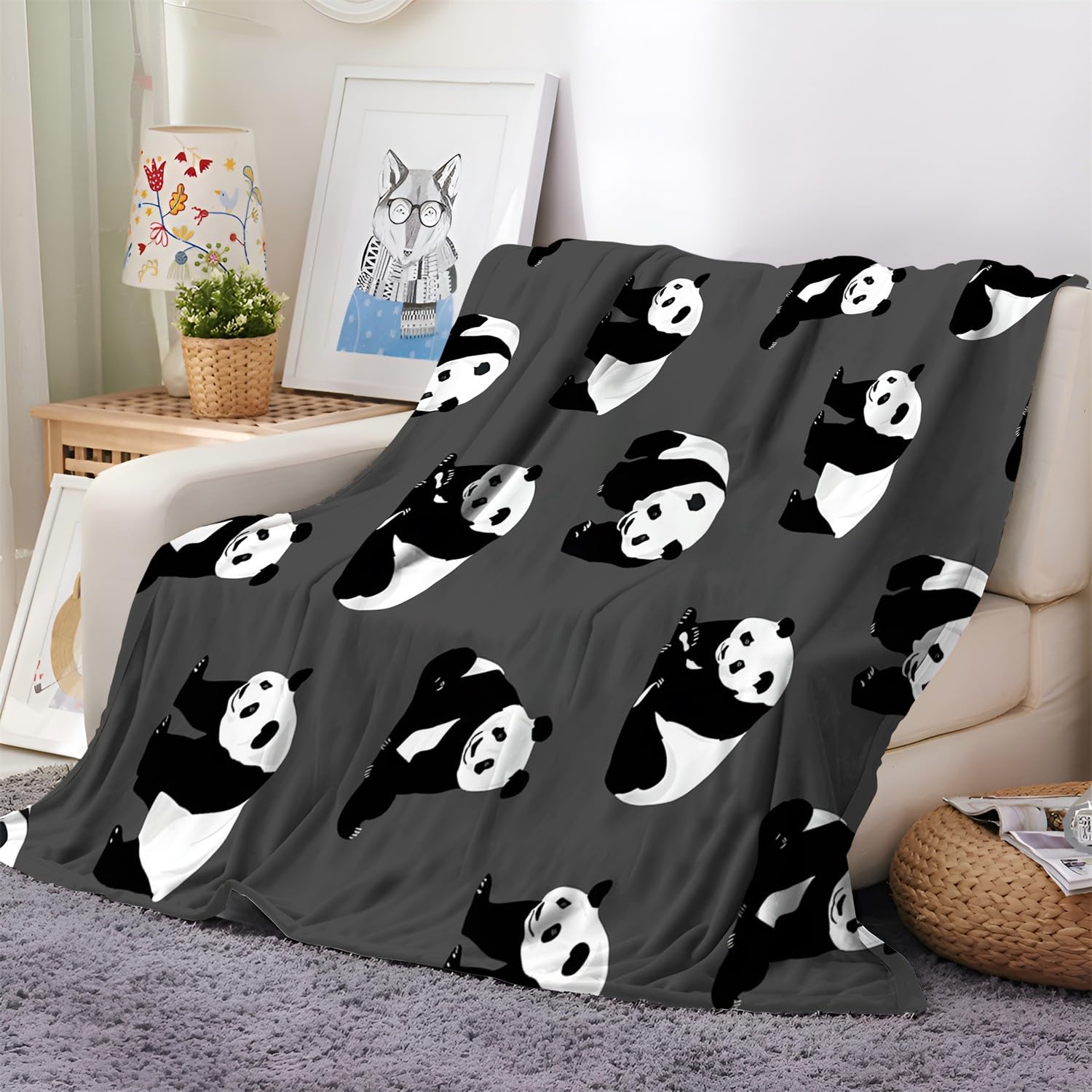 Plaid Couverture Extra Doux Panda Géant De Dessin Animé Gris 180x200 cm Couvre-lit Multi-usages Canapé, Plaid pour lit, Couverture Foulard Doux et Chaude Plaid Canapé Flanelle