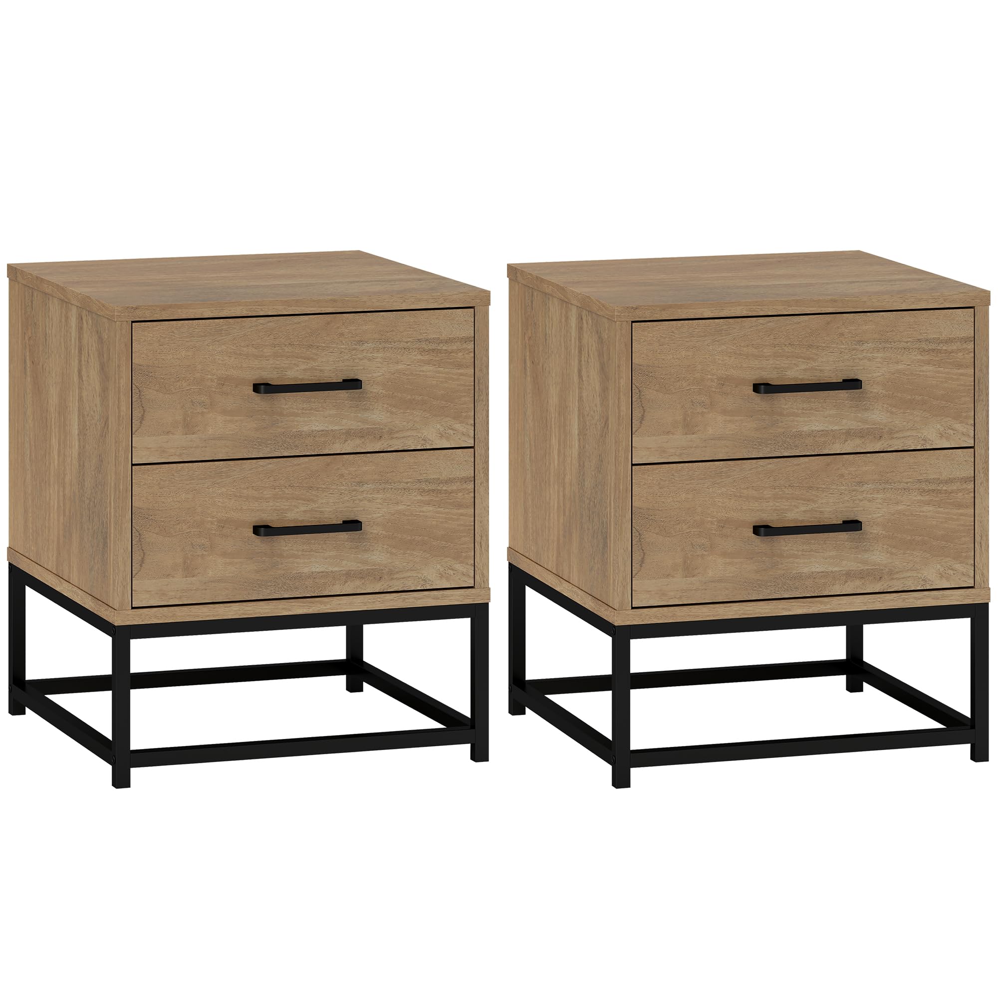 HOMCOM Juego de 2 Mesillas de Noche con 2 Cajones, Pareja de Mesillas de Noche de Estilo Industrial en Madera y Acero, Mesillas Auxiliares para Sofá, Sala de Estar, Salón y Dormitorio, 40x39.5x48 cm, | Estilo industrial de madera y acero, mesas auxiliares