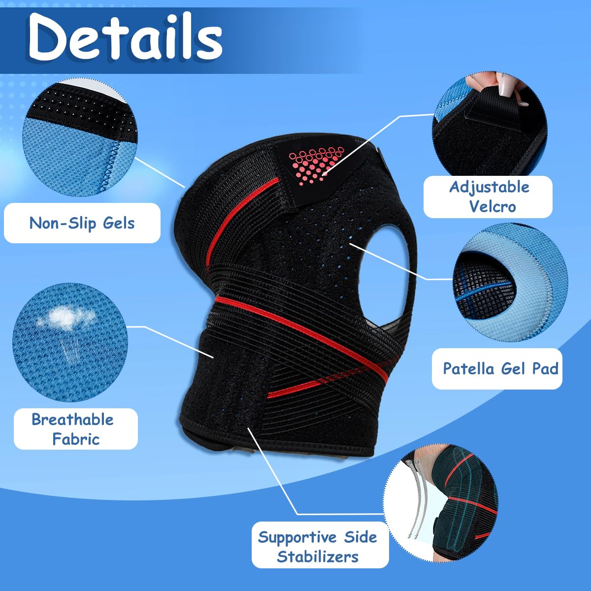 King Mills Extra Large Knee Brace Plus Size for Women & Men Meniscus Tear, Knee Pain or Arthritis, Knee Brace for Women Plus Size with Dual Side Stabilizers & Patella Gel Pad, 2XL Black & Grey