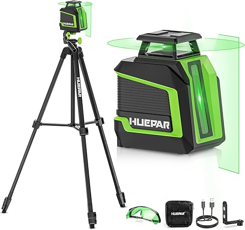 Huepar 360° Laser Level with Tripod 60in, 82Ft - 165Ft Self Leveling Laser Level with Pulse Mode, 3 Brightness Levels Rechargeable Li-ion Battery