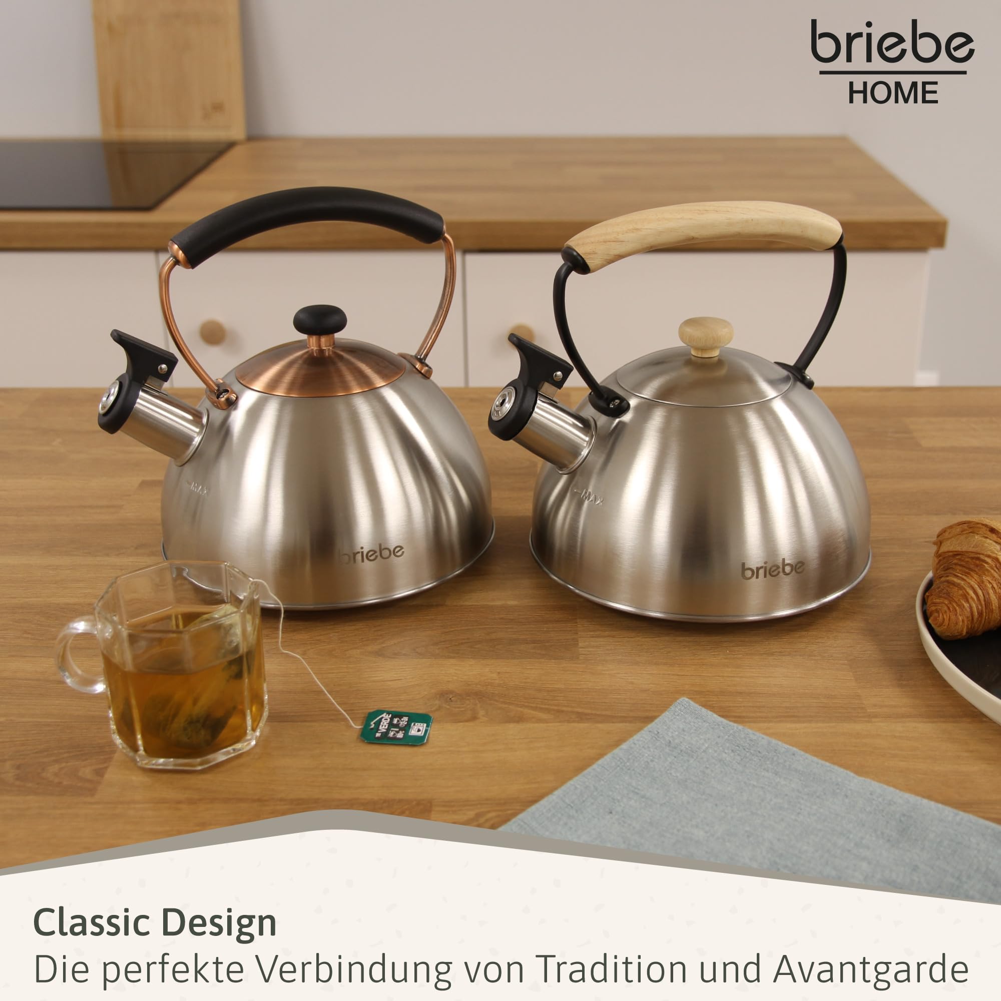 briebe Wasserkessel Induktion 2,3L, Flötenkessel, Edelstahl Teekessel Retro, Vintage Design, Alle Herdarten, GlasKeramikherd, Gas, Elektroherd, Holzgriff Cool-Touch, für Tee Kaffee, Tea pot, Inox
