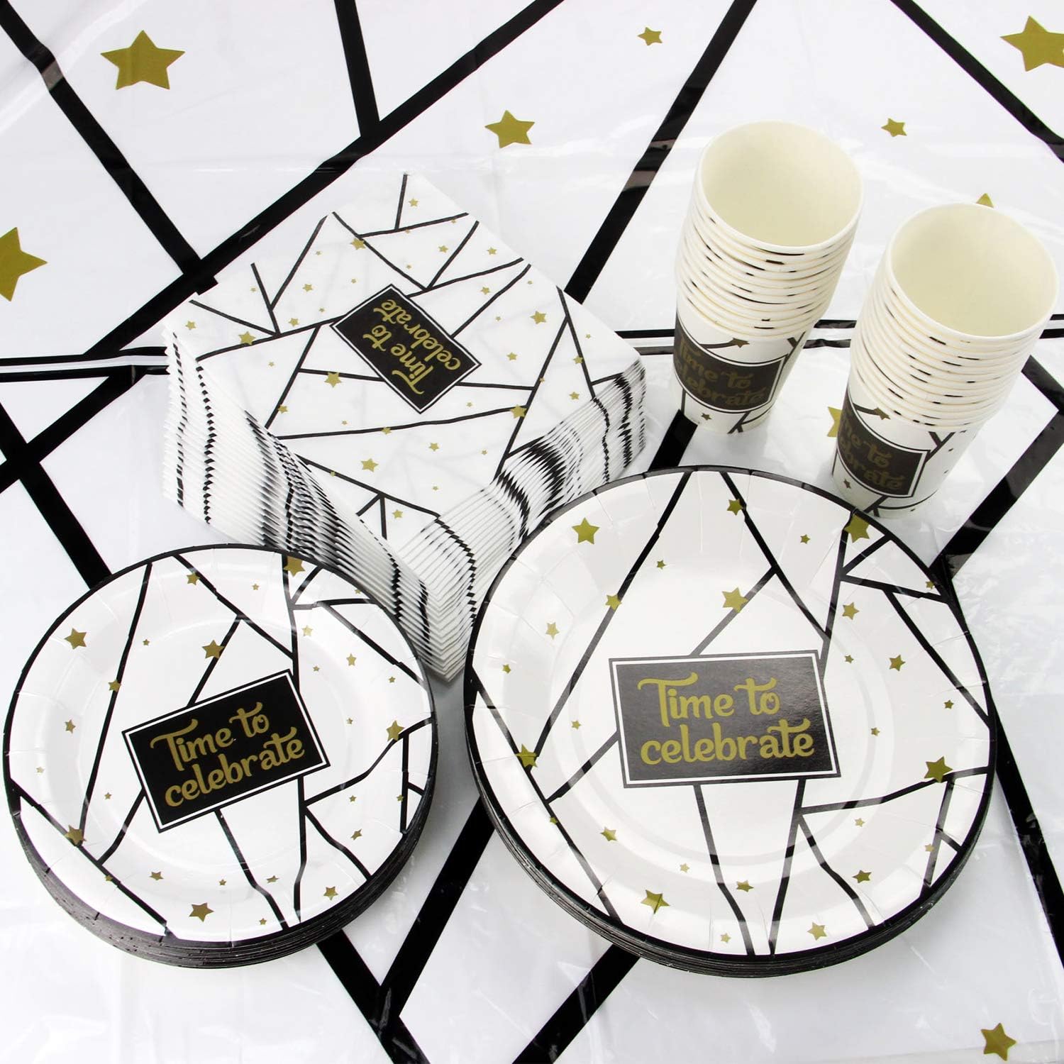 ❤ Crаzу Dеаlѕ 102 Piece Black and Gold Celebration Party Supplies Set Including Banner, Plates, Cups, Napkins, Tablecloth, Serves 25