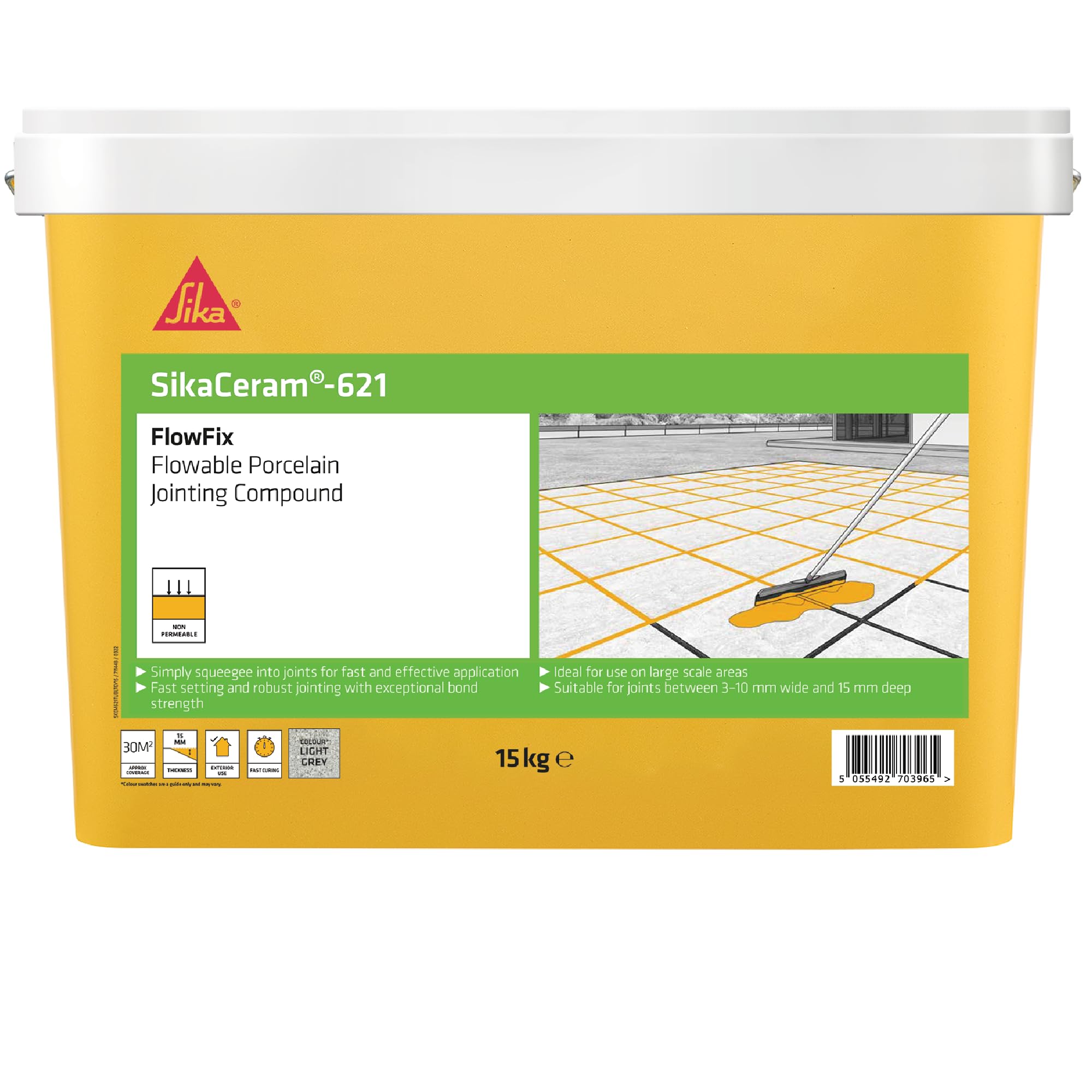 Sika SikaCeram 621 FlowFix Jointing Compound for Flowable Porcelain, Ceramic Paving and Grout Jointing Compound - Light Grey - 15 kg - 30 sq.m