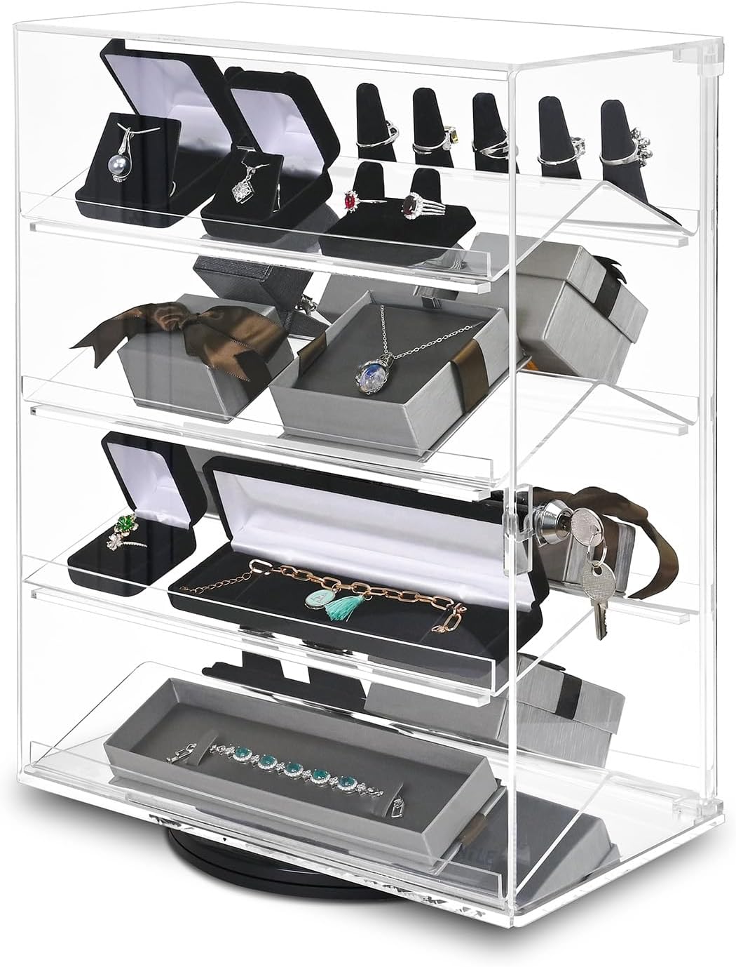 MOOCA Premium 360-Degree Rotating Acrylic Eyewear Showcase with 4 Removable Shelves and Key Lock, Acrylic Display Case, Ideal for Sunglasses, Jewelry, and Collectibles Display