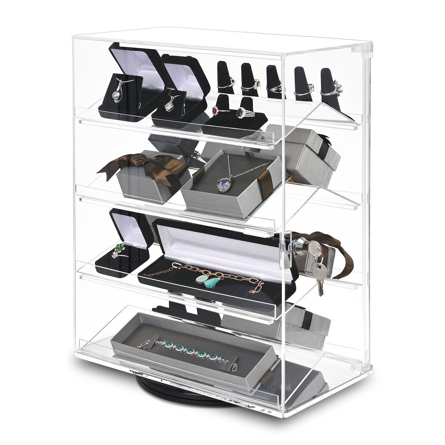 MOOCA Premium 360-Degree Rotating Acrylic Eyewear Showcase with 4 Removable Shelves and Key Lock, Acrylic Display Case, Ideal for Sunglasses, Jewelry, and Collectibles Display