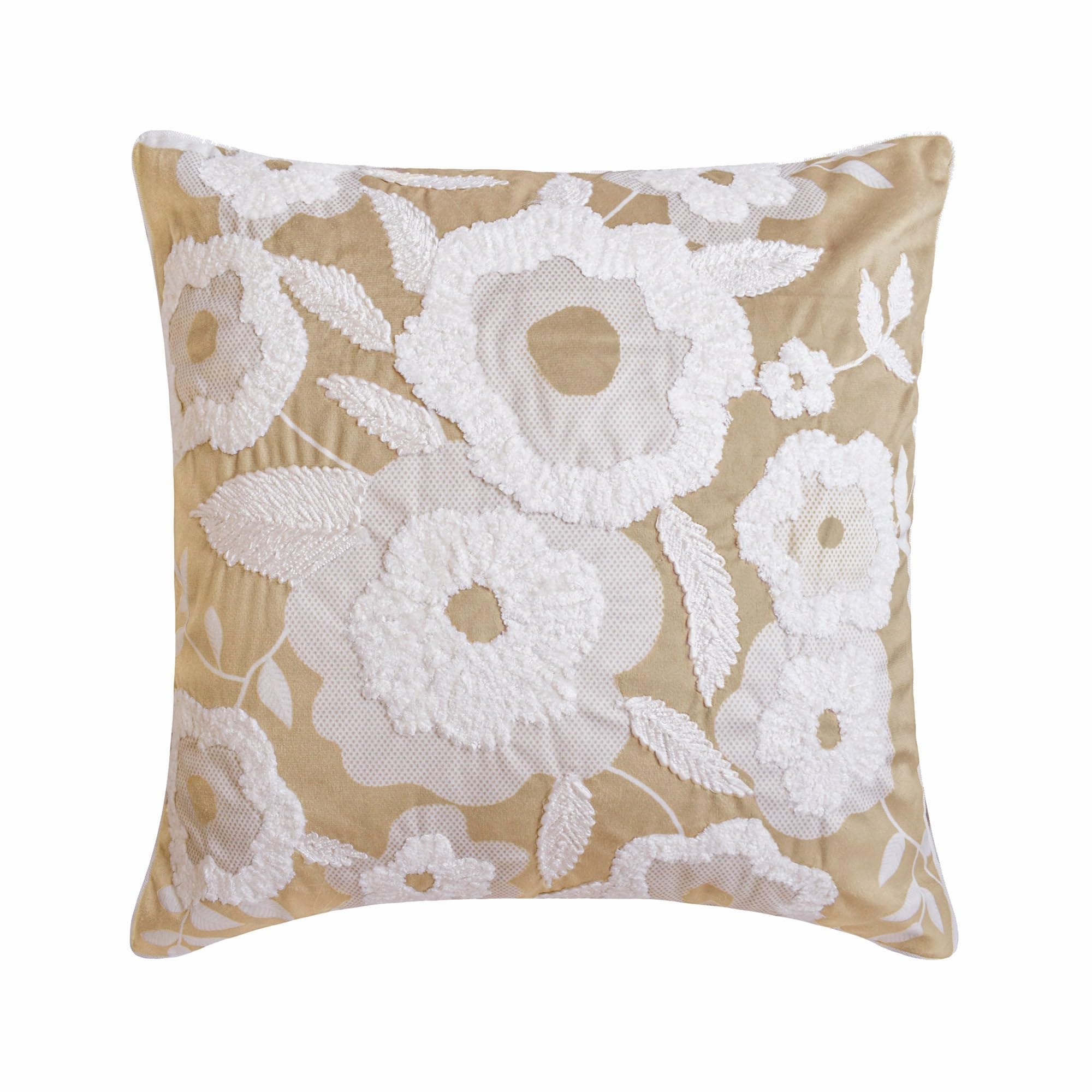 The HomeCentric Decorative Throw Cushion Covers Beige 40x40 cm (16"x16") Velvet Boucle Embroidery, Floral Pillow Covers For Sofa, Floral Modern Style - Snowy Blossoms โ image 1
