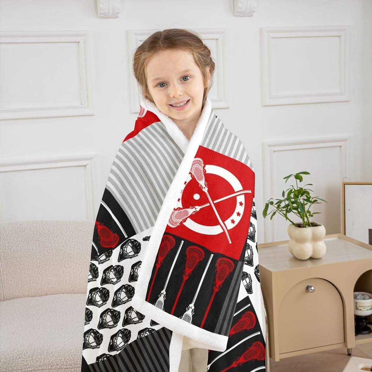 jejeloiu Lacrosse Flannel Fleece Throw Blanket for Sofa Couch Sports Game Sherpa Blanket All Season Twin 60"x80" Sports Theme Fuzzy Blanket Buffalo Check Plaid Plush Blanket Red