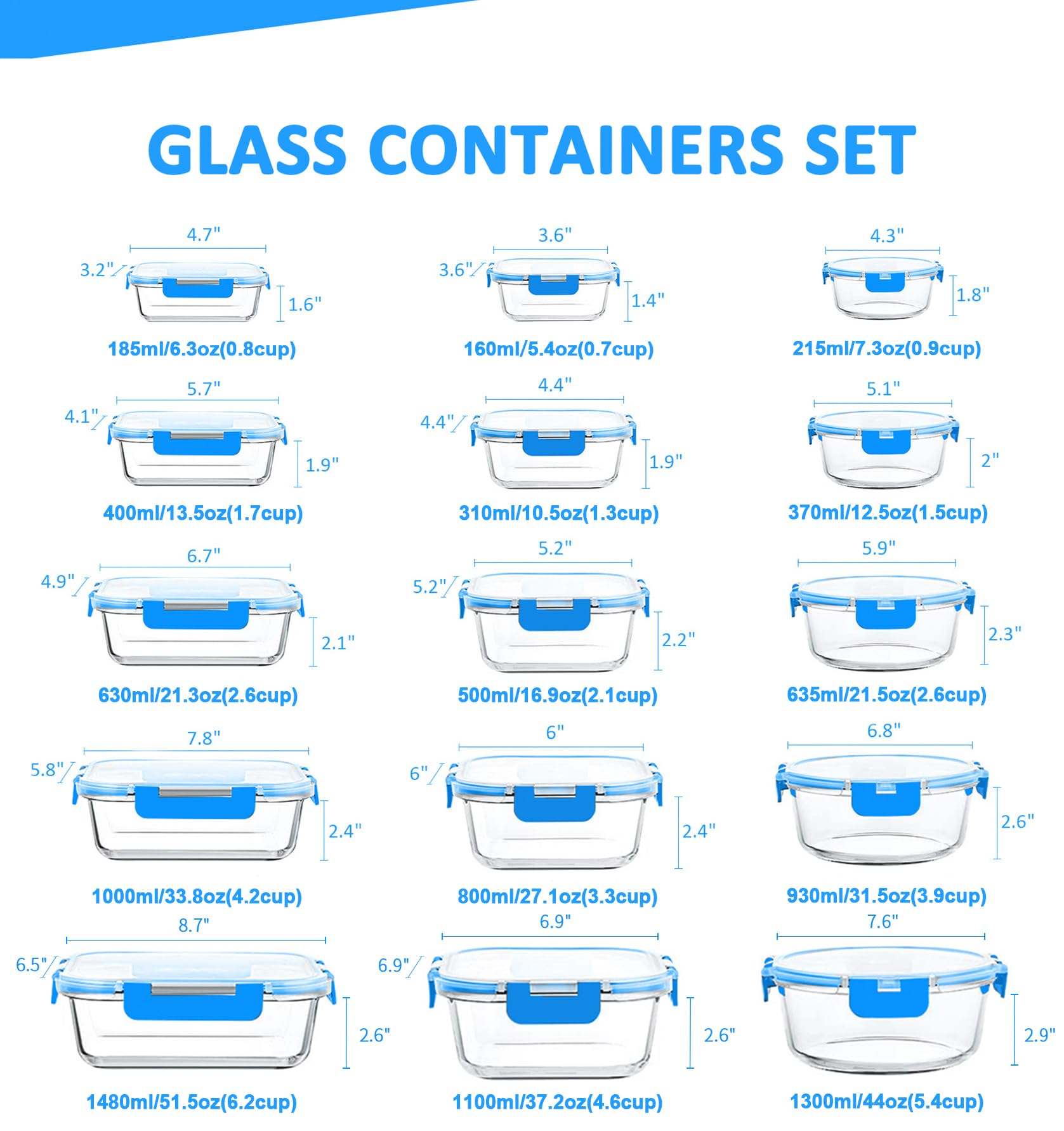 Set di 30 contenitori per alimenti in vetro, con coperchi a scatto, ermetici, senza BPA, adatti per microonde, forno, congelatore e lavastoviglie, blu
